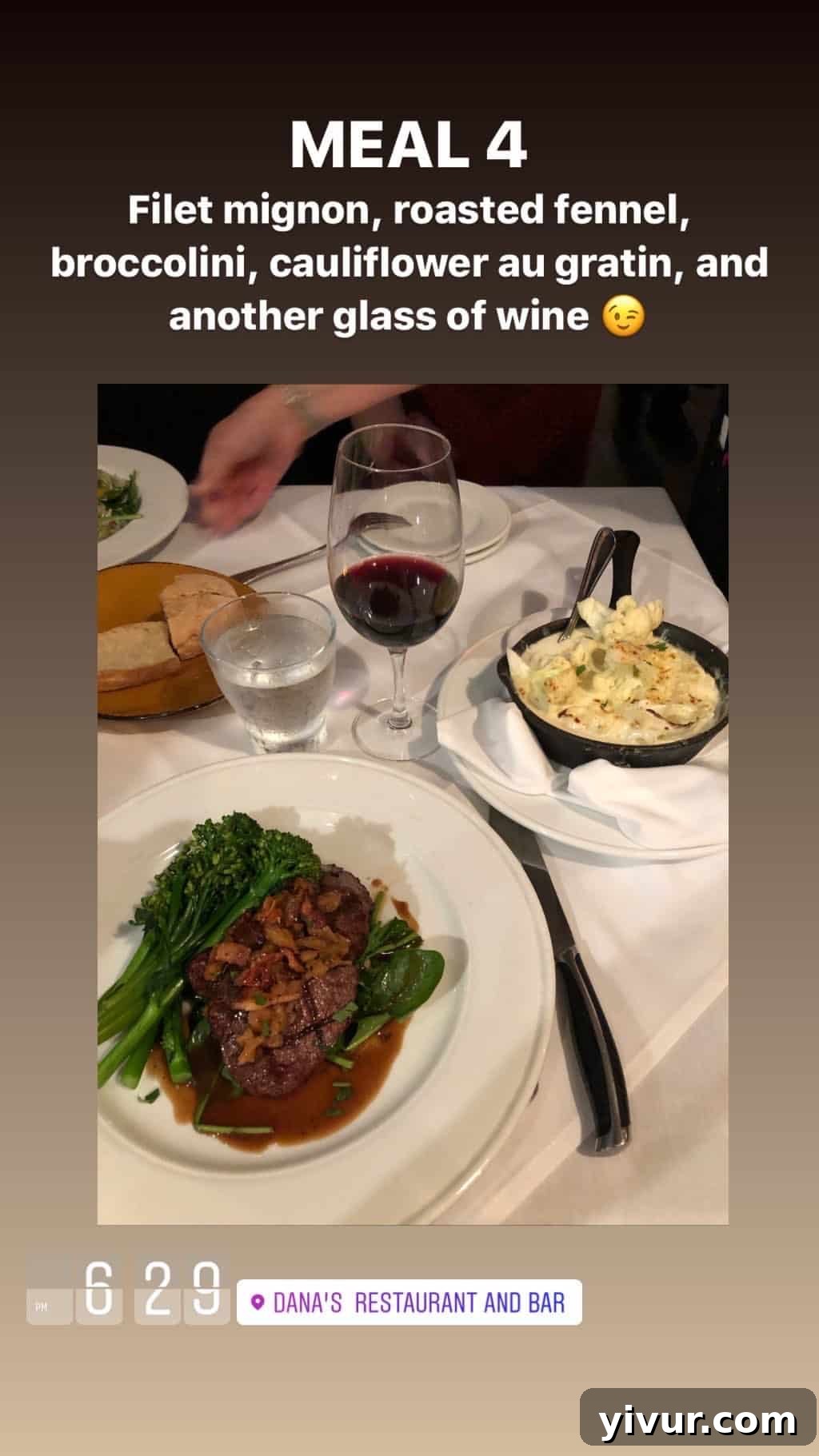 December 2019 Clean Keto and Whole30 Food Diary 19 A luxurious dinner plate featuring filet mignon, roasted fennel, tender broccolini, creamy cauliflower au gratin, and a glass of robust cabernet.
