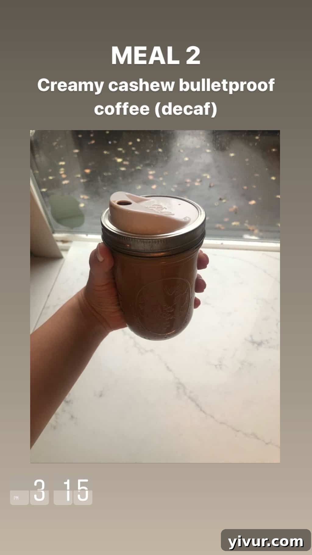 December 2019 Clean Keto and Whole30 Food Diary 23 A cozy mug of creamy cashew coffee, illustrating a regular and comforting part of a clean keto lifestyle.