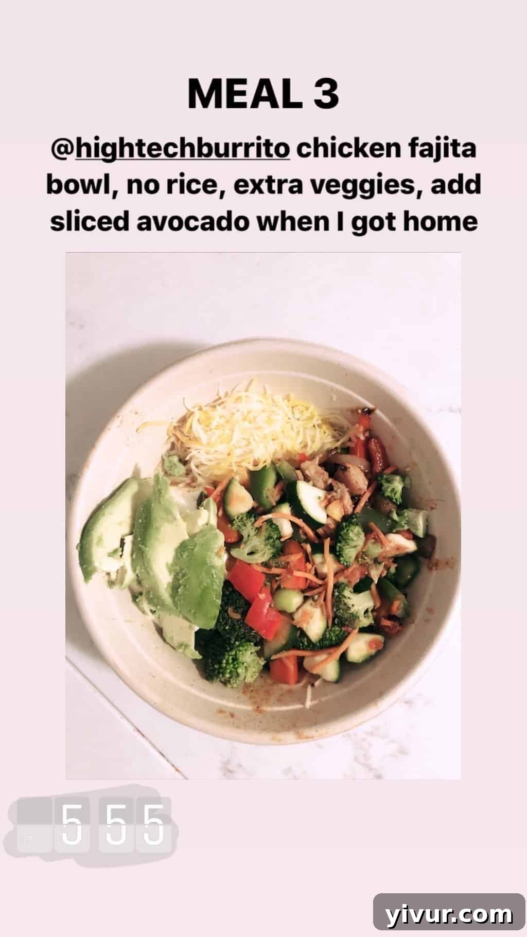 December 2019 Clean Keto and Whole30 Food Diary 24 A customized High Tech Burrito chicken fajita bowl, generously topped with extra veggies and creamy avocado, a fresh and compliant fast-casual option.