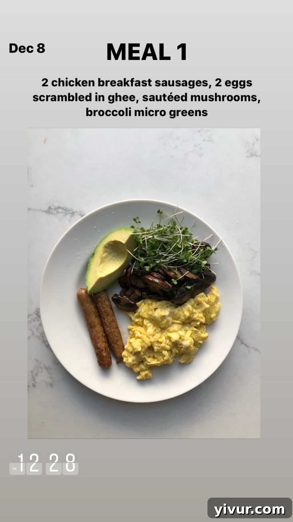 December 2019 Clean Keto and Whole30 Food Diary 25 Chicken breakfast sausages, eggs scrambled in ghee, savory sautéed mushrooms, and fresh broccoli micro greens, forming a wholesome keto breakfast platter.