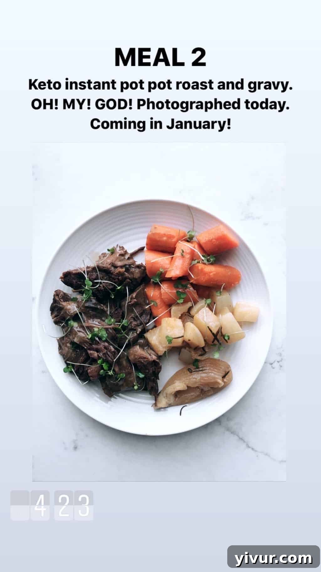 December 2019 Clean Keto and Whole30 Food Diary 30 A comforting serving of Instant Pot pot roast, generously drizzled with rich, compliant gravy, a wholesome keto and Whole30 dinner.