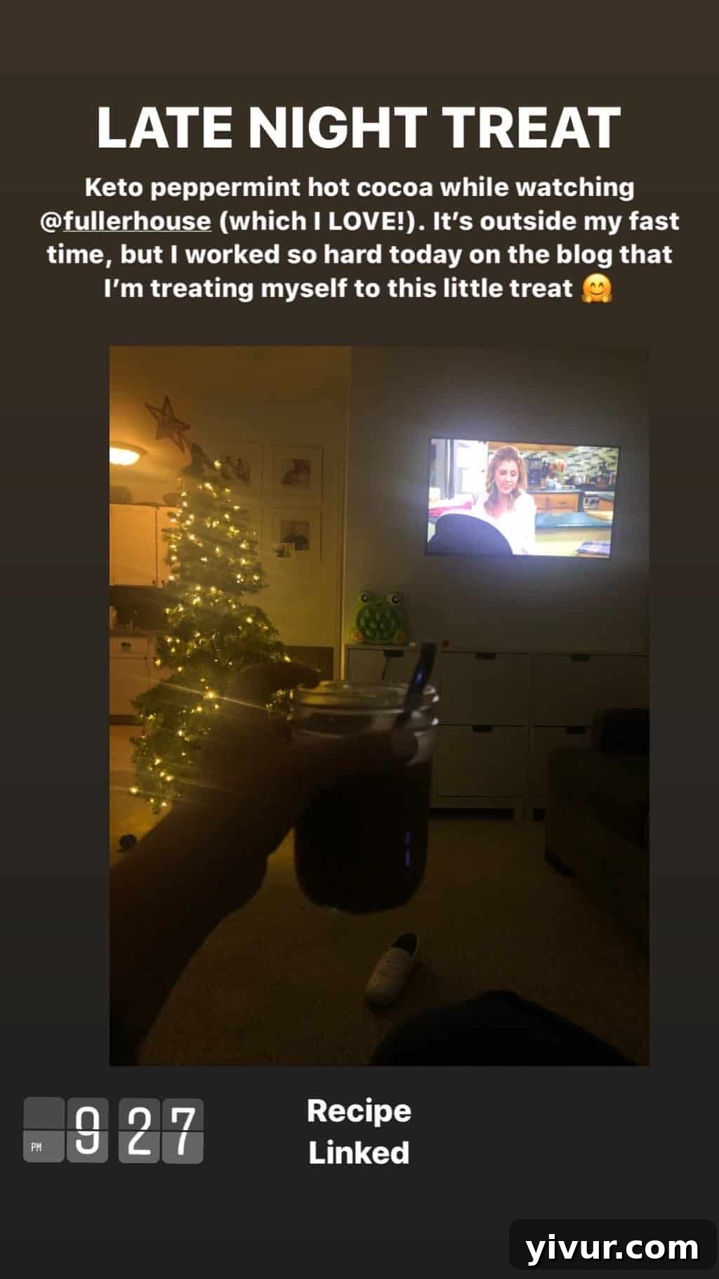 December 2019 Clean Keto and Whole30 Food Diary 31 A festive mug filled with keto peppermint hot cocoa, a dairy-free and sugar-free holiday treat.