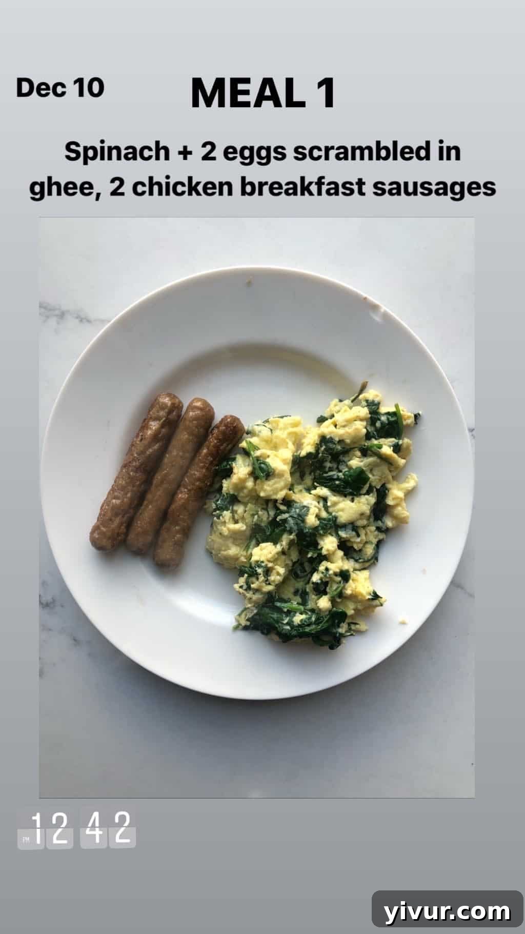 December 2019 Clean Keto and Whole30 Food Diary 32 A quick and healthy keto breakfast of spinach and eggs scrambled in ghee, accompanied by chicken breakfast sausages.