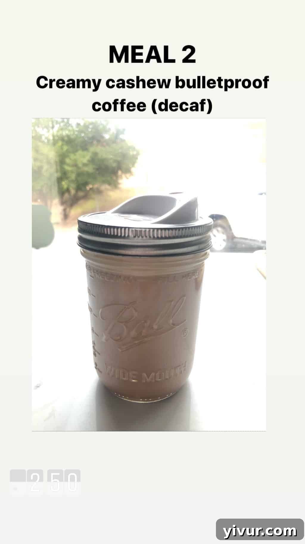 December 2019 Clean Keto and Whole30 Food Diary 33 A rustic mug filled with creamy cashew coffee, a reliable source of healthy fats and dairy-free energy on a clean keto diet.