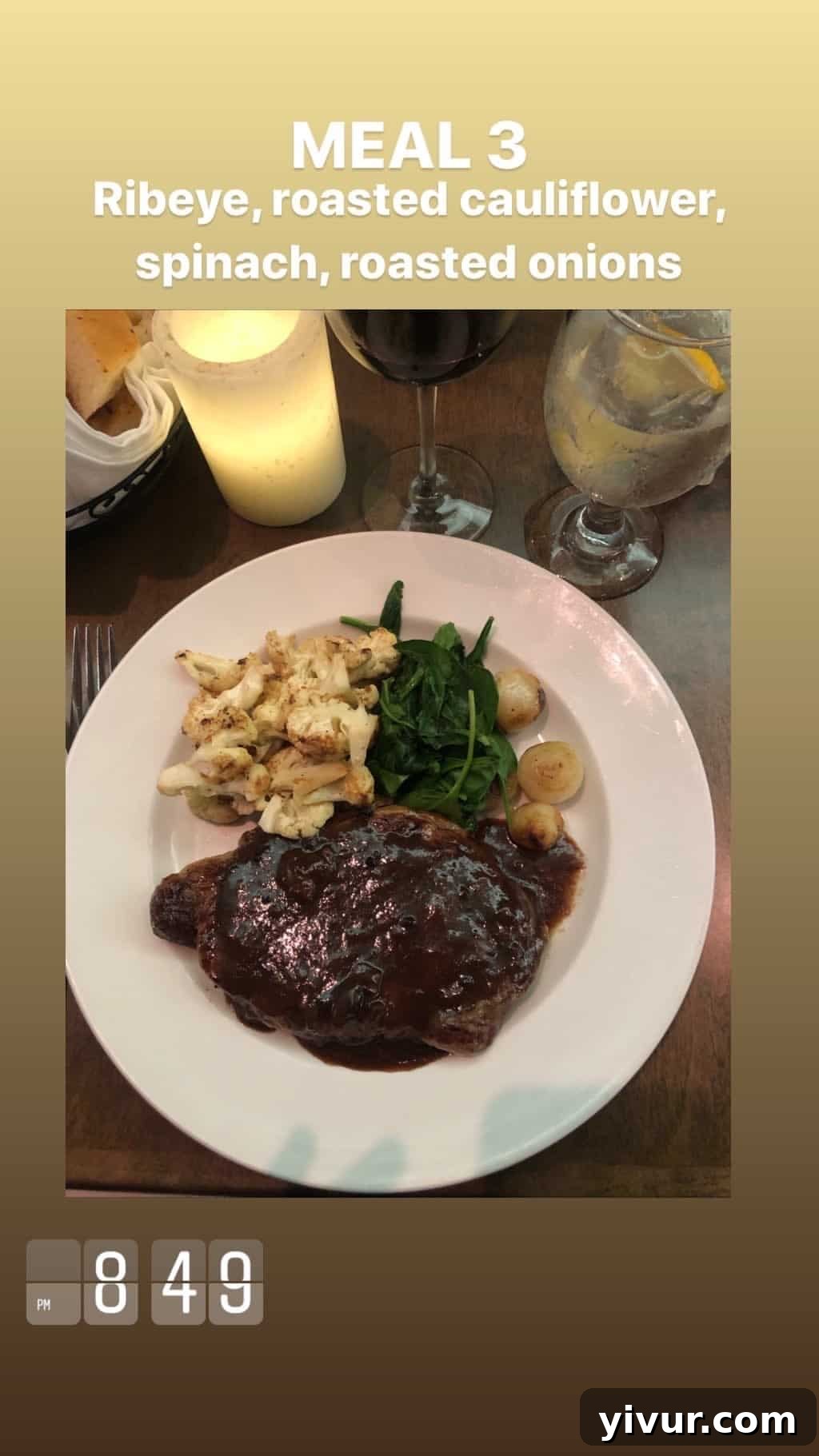 December 2019 Clean Keto and Whole30 Food Diary 37 A gourmet plate featuring a perfectly cooked ribeye steak, tender roasted cauliflower, sautéed spinach, and sweet roasted onions, a complete keto and Whole30 meal.