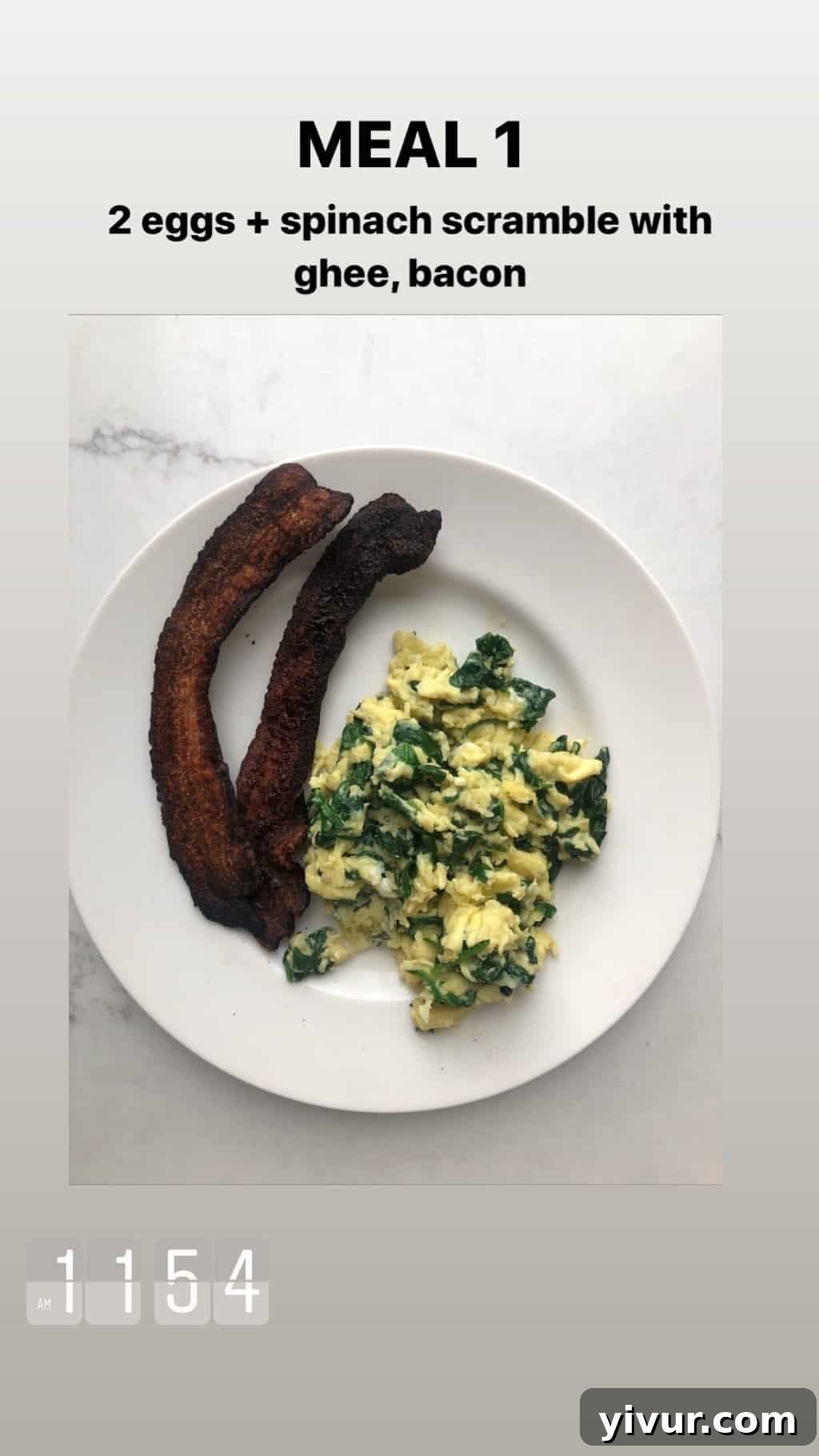 December 2019 Clean Keto and Whole30 Food Diary 40 A hearty and satisfying keto breakfast of scrambled eggs in ghee with spinach and crispy bacon.