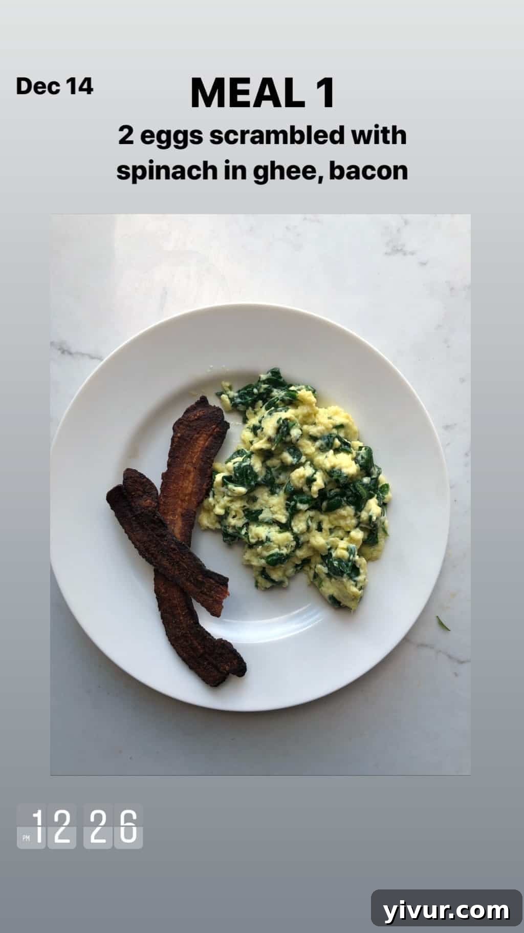 December 2019 Clean Keto and Whole30 Food Diary 43 A simple yet satisfying keto breakfast featuring scrambled eggs with spinach in ghee and crispy bacon.