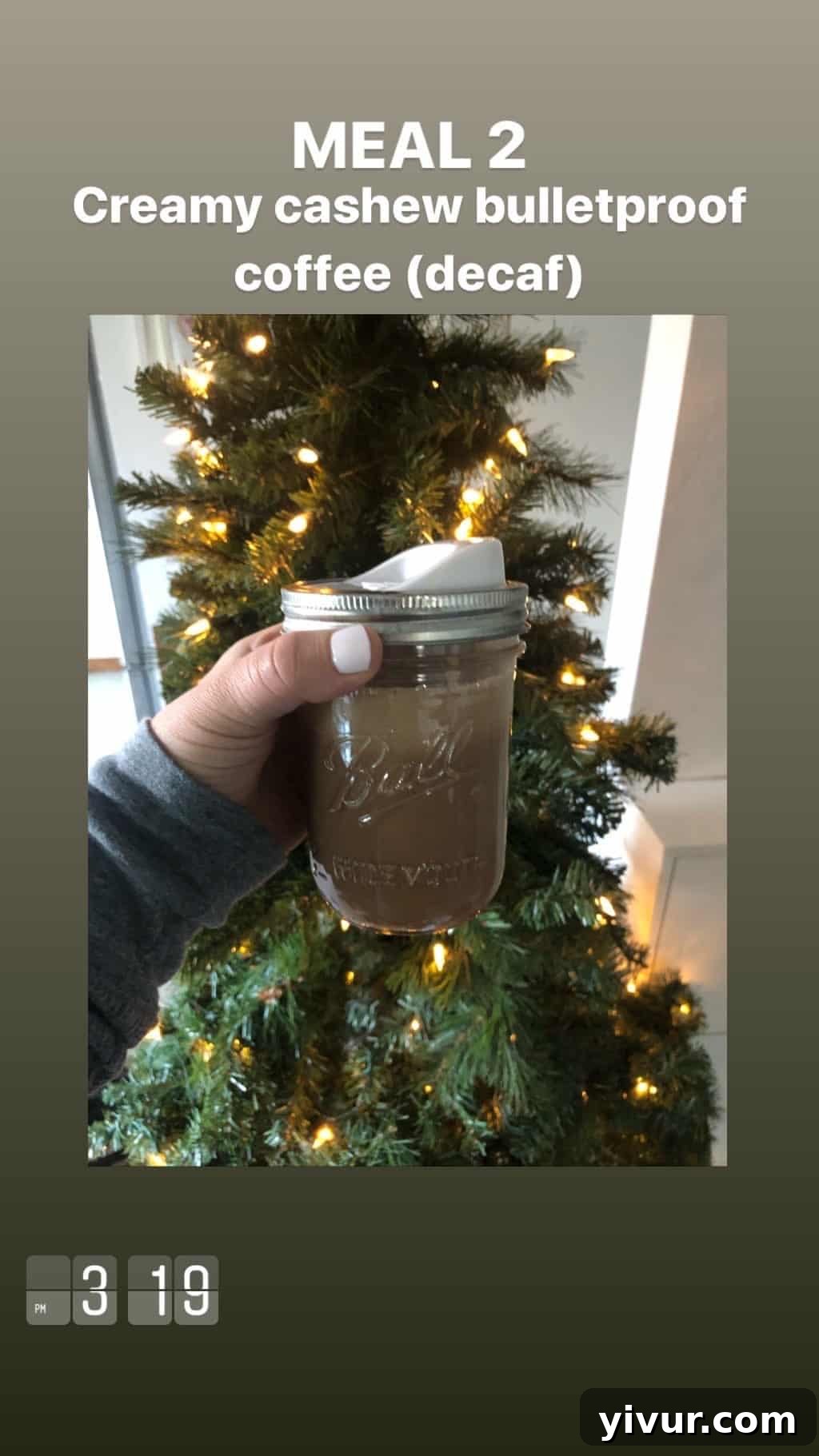 December 2019 Clean Keto and Whole30 Food Diary 44 A blue patterned mug containing creamy cashew coffee, a comforting dairy-free keto beverage.