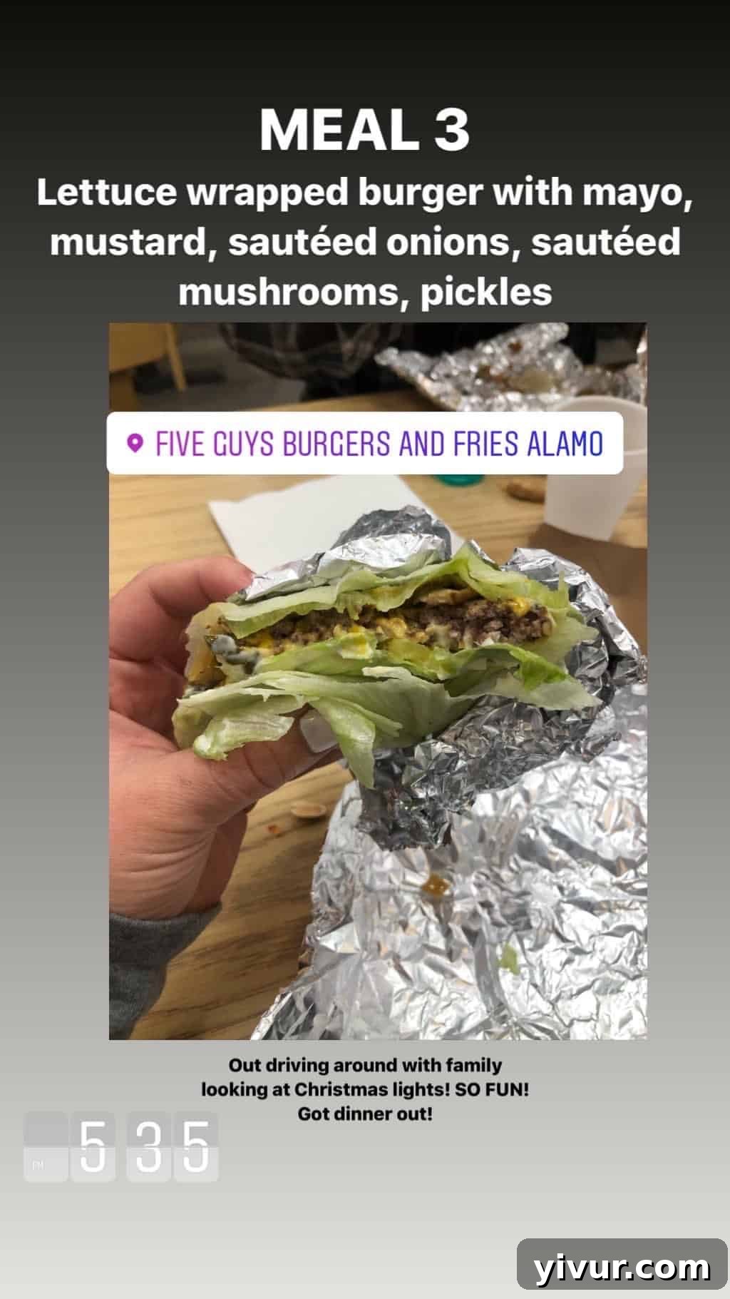 December 2019 Clean Keto and Whole30 Food Diary 45 A delicious lettuce-wrapped burger, generously topped with compliant mayo, mustard, savory sautéed onions, earthy sautéed mushrooms, and tangy pickles, a perfect low-carb option.