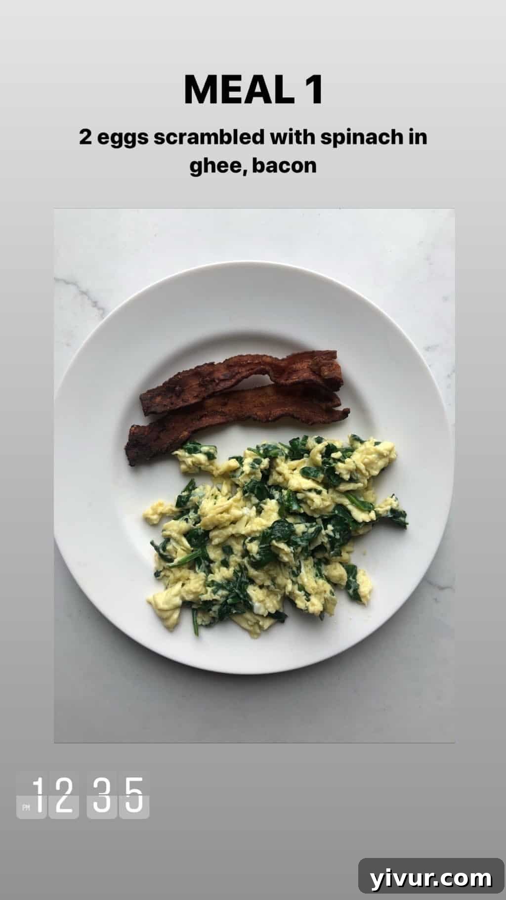 December 2019 Clean Keto and Whole30 Food Diary 51 A classic and filling keto breakfast of scrambled eggs in ghee with spinach, accompanied by crispy bacon.
