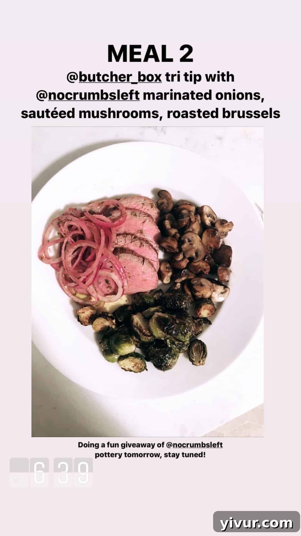 December 2019 Clean Keto and Whole30 Food Diary 52 A gourmet keto meal featuring Butcher Box tri-tip steak, No Crumbs Left marinated onions, savory sautéed mushrooms, and tender roasted Brussels sprouts.