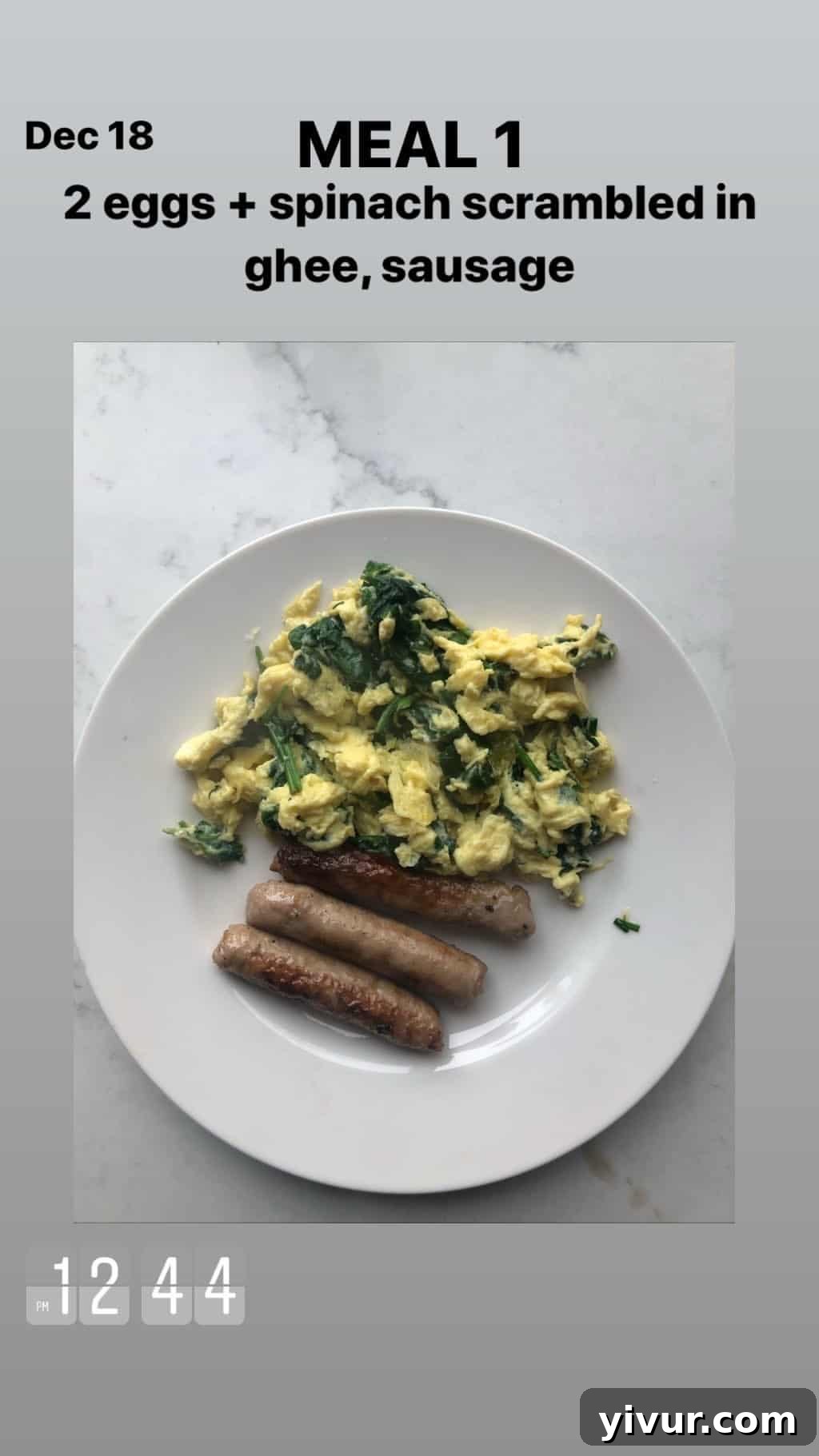 December 2019 Clean Keto and Whole30 Food Diary 53 A protein-packed keto breakfast of scrambled eggs in ghee with spinach, served alongside compliant sausages.