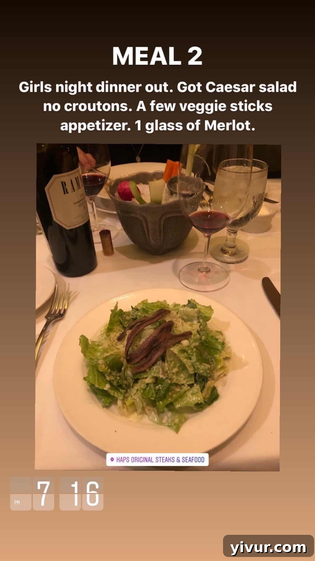 December 2019 Clean Keto and Whole30 Food Diary 54 A light and compliant meal of Caesar salad (without croutons), crunchy veggie sticks, and a glass of dry red wine.