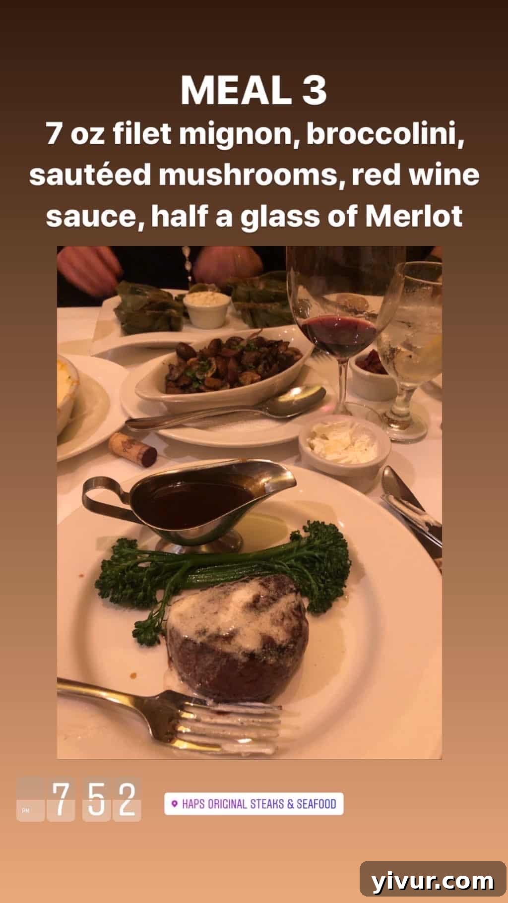 December 2019 Clean Keto and Whole30 Food Diary 55 An elegant keto dinner featuring filet mignon, tender broccolini, savory sautéed mushrooms, a rich red wine sauce, and half a glass of merlot.