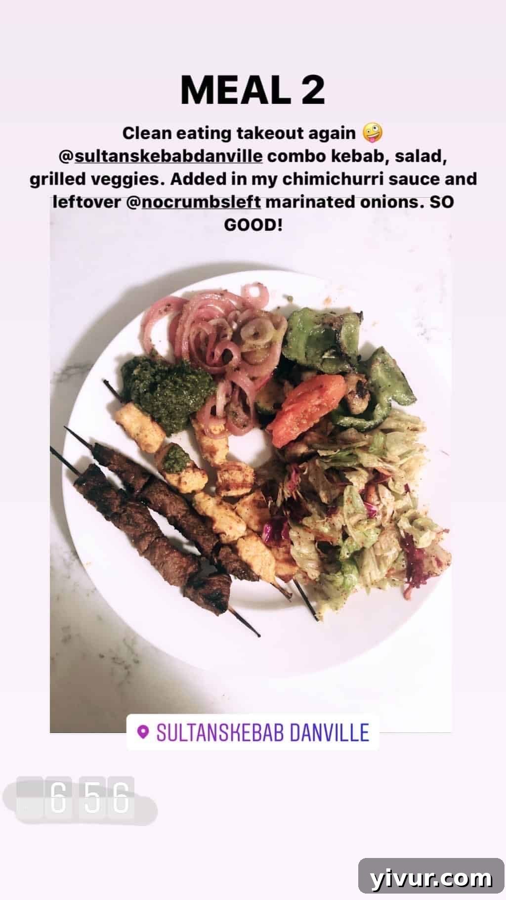 December 2019 Clean Keto and Whole30 Food Diary 58 A flavorful Sultan's Kebab's chicken and steak combo kebabs platter, complete with fresh salad, grilled veggies, zesty chimichurri sauce, and savory No Crumbs Left marinated onions, a compliant and delicious keto and Whole30 meal.