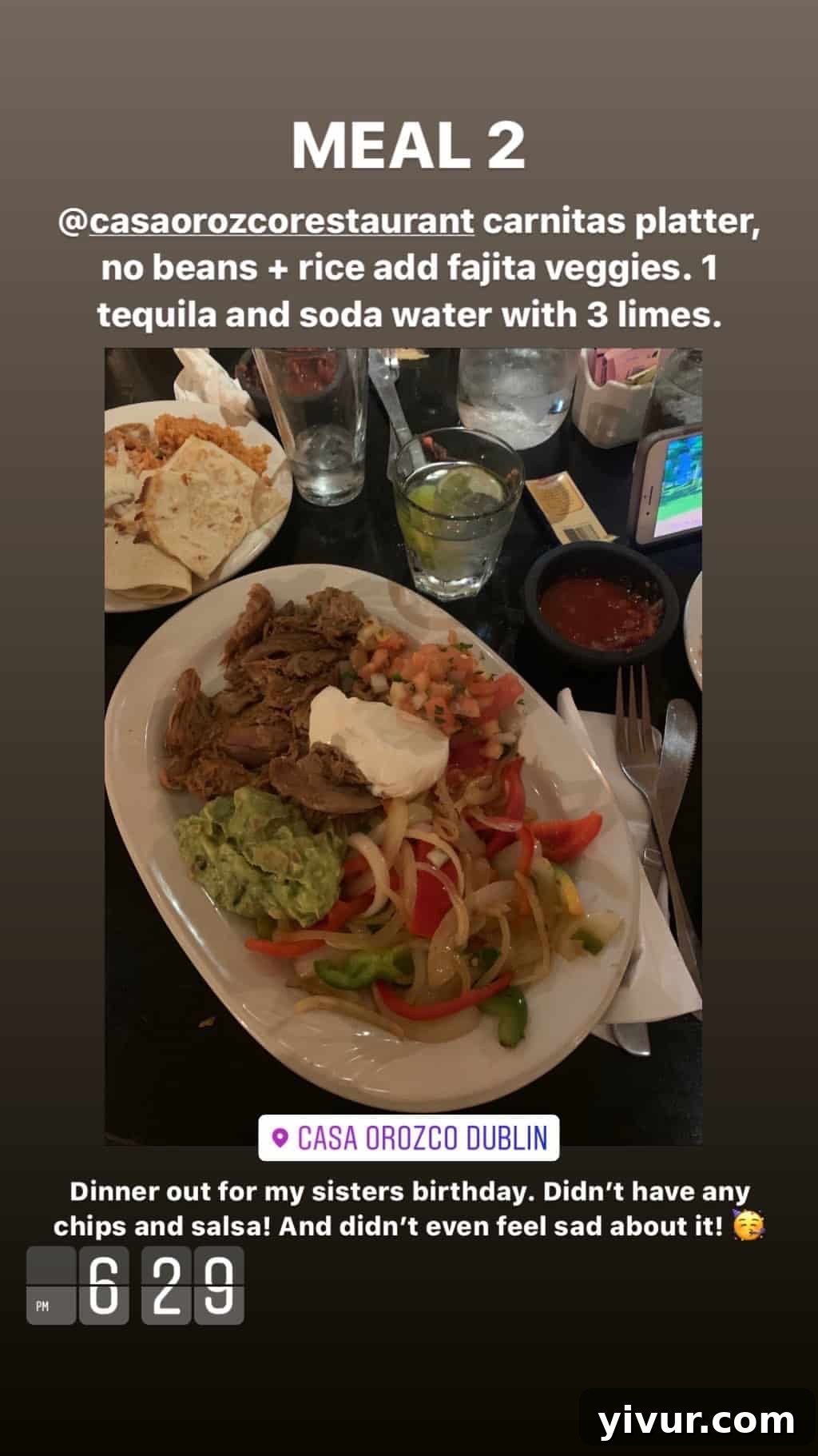 December 2019 Clean Keto and Whole30 Food Diary 63 A Casa Orozco carnitas platter, featuring tender carnitas with fajita veggies, and a refreshing tequila and soda water drink, a smart choice for Mexican dining on keto.