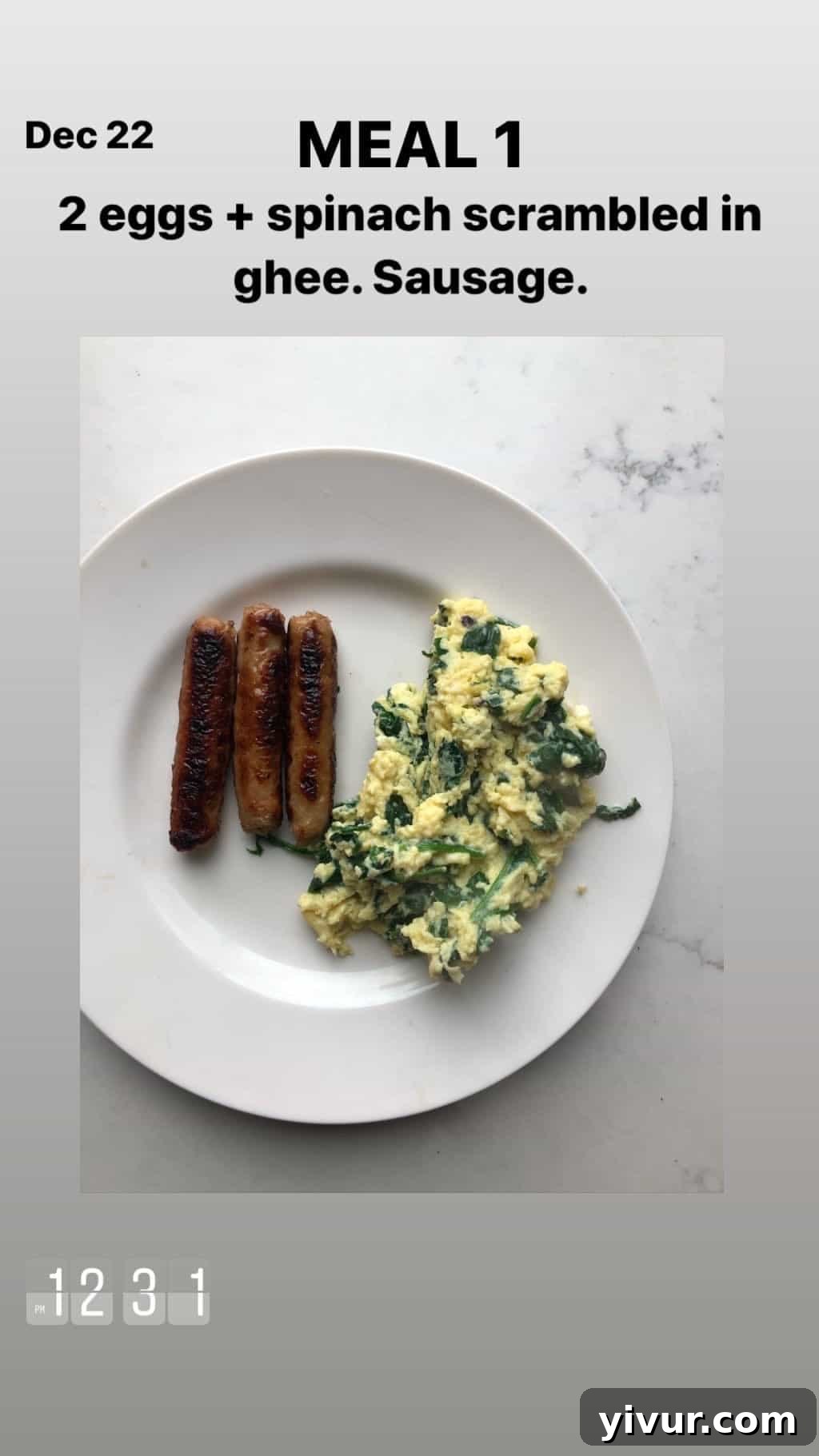 December 2019 Clean Keto and Whole30 Food Diary 64 A reliable and tasty keto breakfast: scrambled eggs in ghee with spinach, served with compliant sausage.