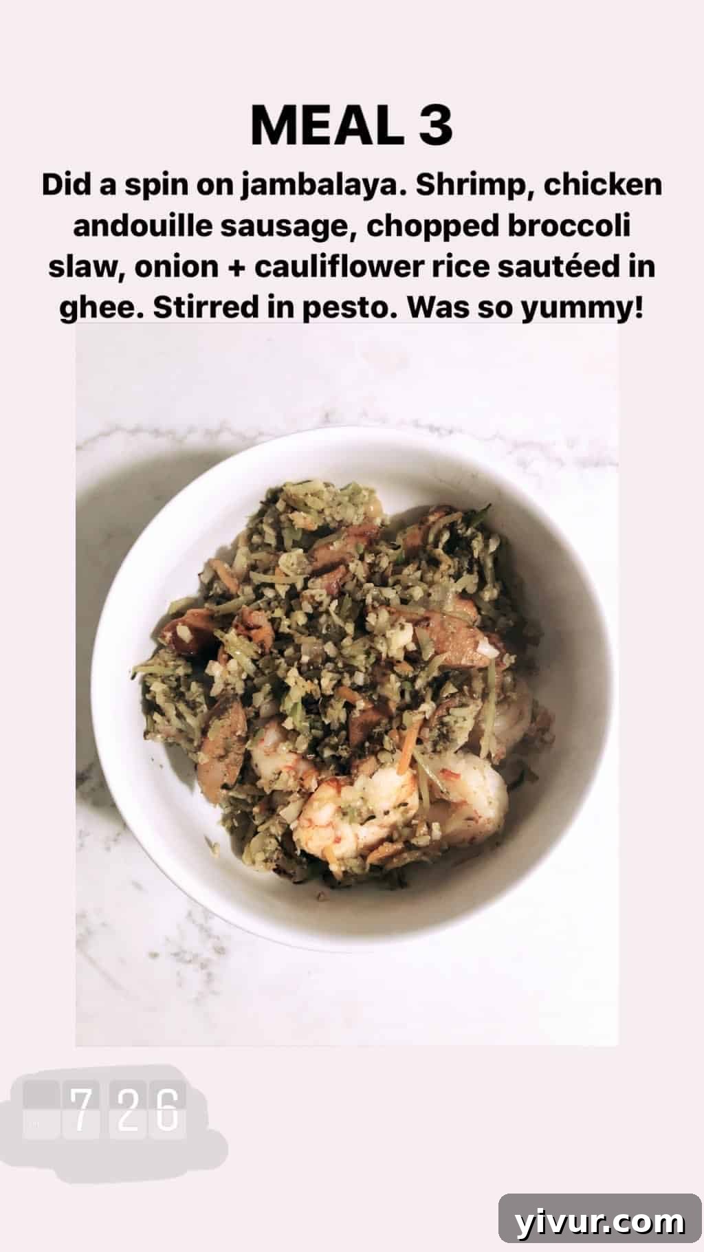 December 2019 Clean Keto and Whole30 Food Diary 66 A vibrant and flavorful keto dinner featuring shrimp, chicken andouille sausage, chopped broccoli slaw, onion, and cauliflower rice, all sautéed in ghee and mixed with pesto.