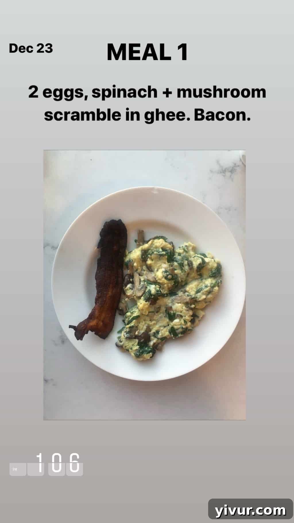 December 2019 Clean Keto and Whole30 Food Diary 67 A wholesome and varied keto breakfast of scrambled eggs in ghee with spinach and mushrooms, served with crispy bacon.