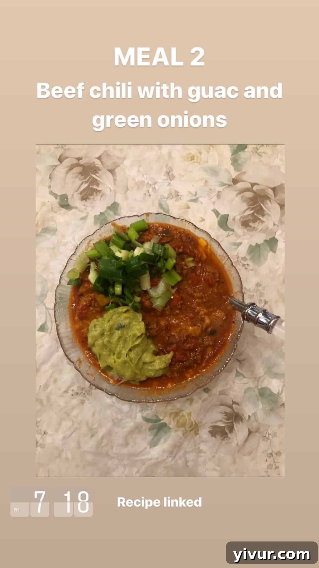 December 2019 Clean Keto and Whole30 Food Diary 69 A hearty and flavorful bowl of beef chili, topped generously with creamy guacamole and fresh green onions, a perfect keto and Whole30 meal.