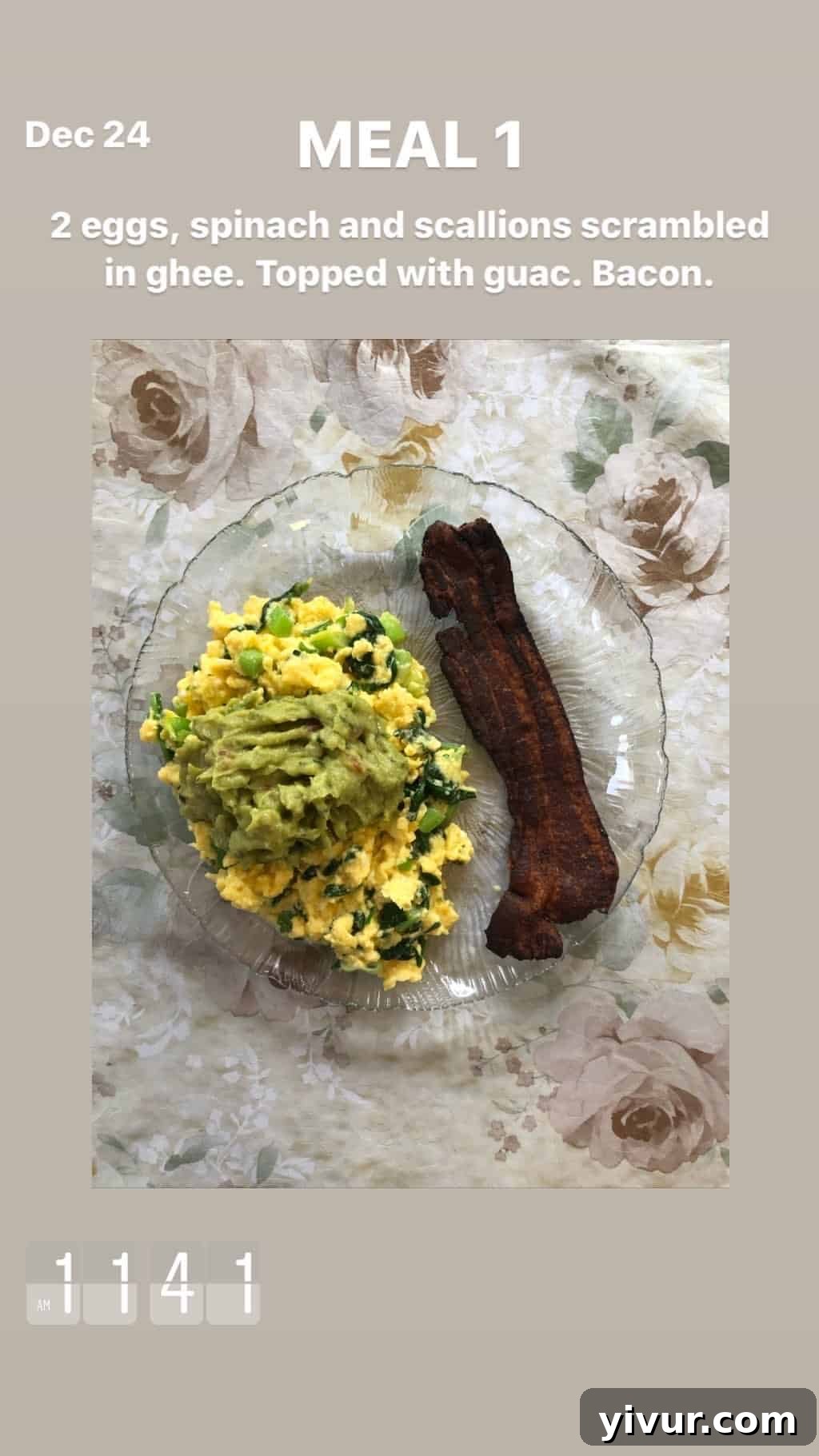 December 2019 Clean Keto and Whole30 Food Diary 70 A fresh and flavorful keto breakfast of scrambled eggs in ghee with scallions and spinach, accompanied by crispy bacon.