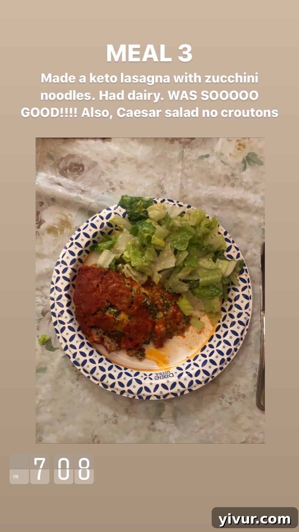 December 2019 Clean Keto and Whole30 Food Diary 73 A comforting plate of keto lasagna, served with a side of crisp Caesar salad without croutons, a satisfying and compliant meal.