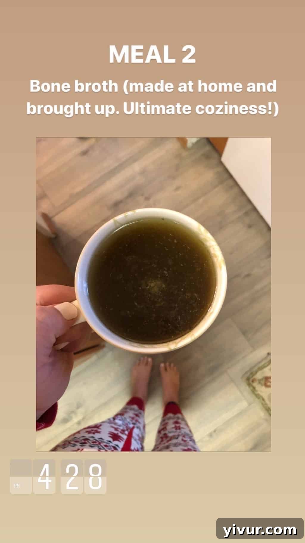 December 2019 Clean Keto and Whole30 Food Diary 75 A small glass of bone broth, representing a frequent and vital healthy addition to a clean keto diet.