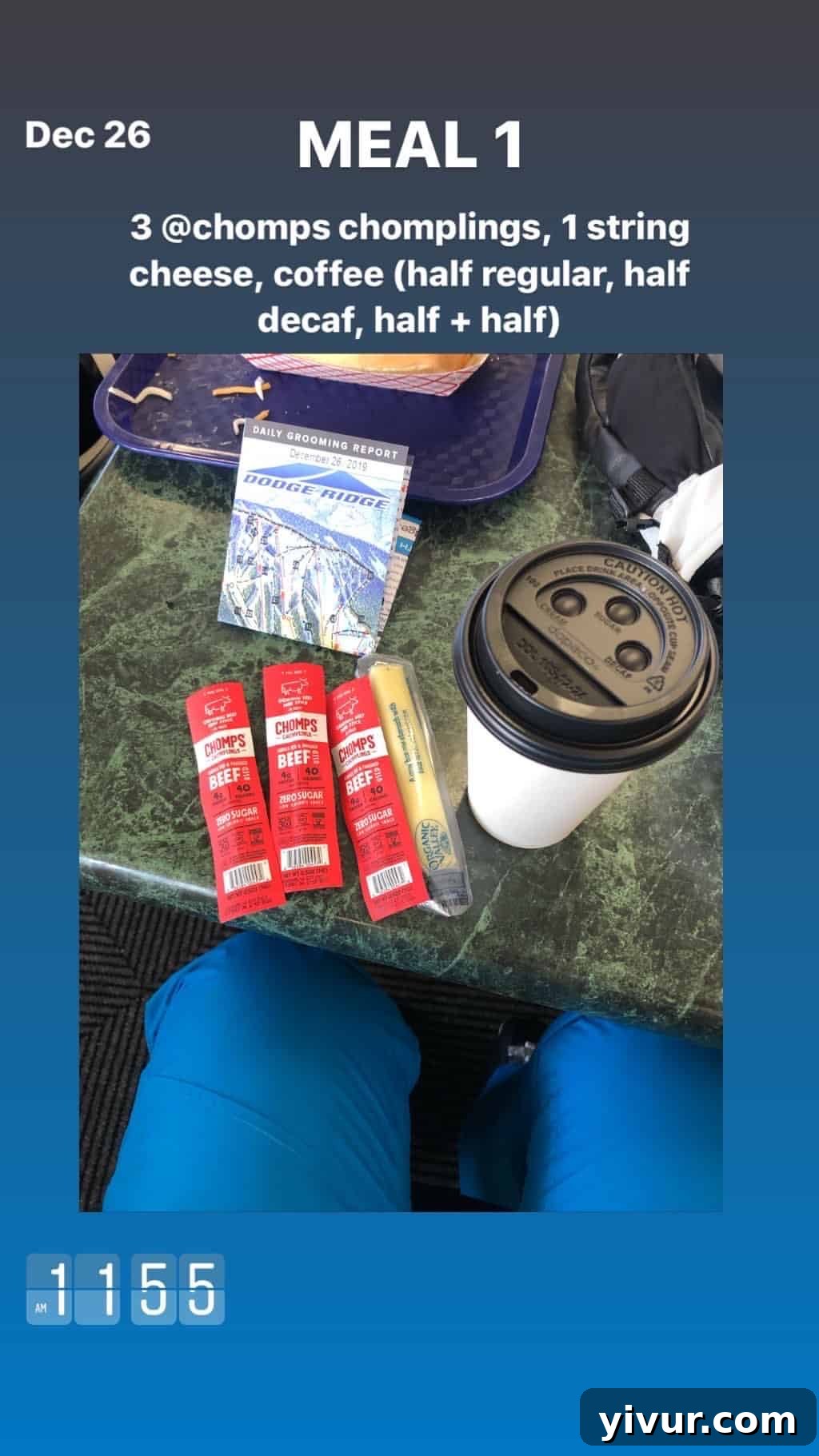 December 2019 Clean Keto and Whole30 Food Diary 77 A convenient keto snack combination: Chomps Chomplings, string cheese, and coffee with half and half.