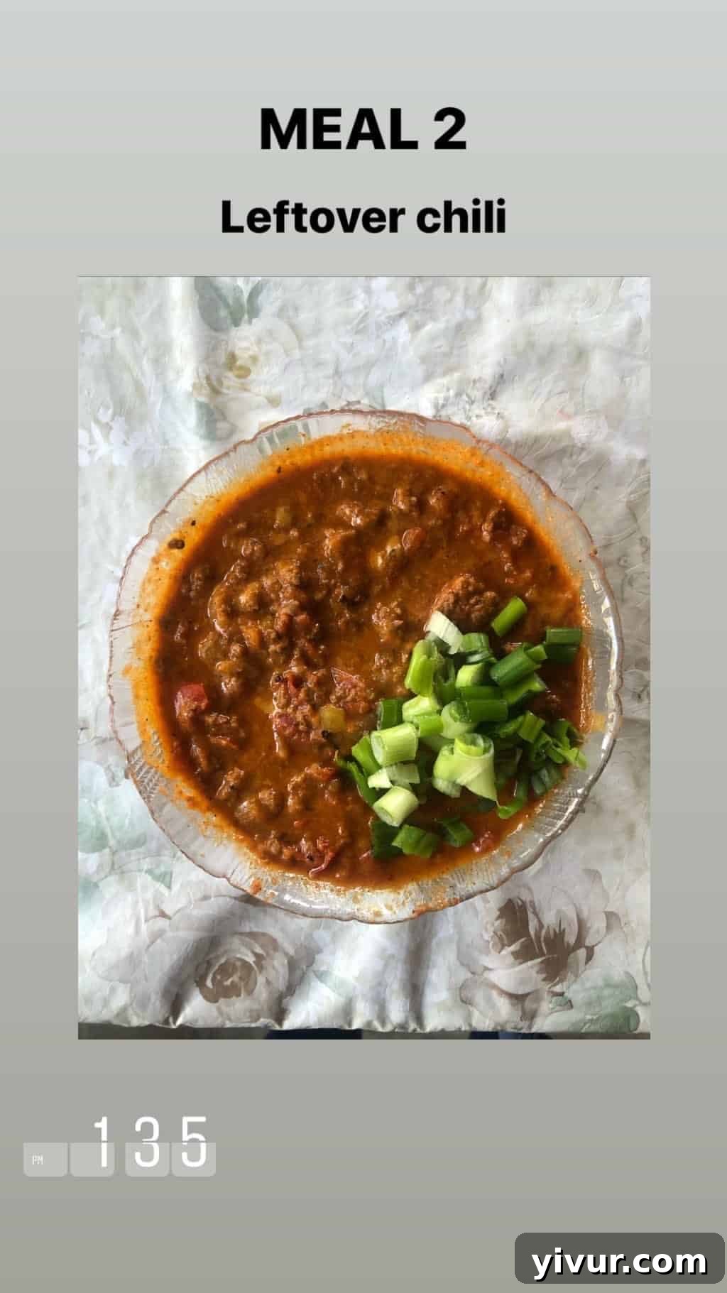 December 2019 Clean Keto and Whole30 Food Diary 81 A warm and savory bowl of beef chili, garnished with fresh green onions, a keto and Whole30 compliant meal.