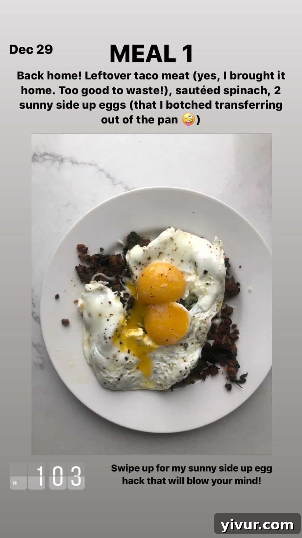December 2019 Clean Keto and Whole30 Food Diary 86 A protein-rich and flavorful keto meal: taco meat with sautéed spinach and sunny side up eggs.