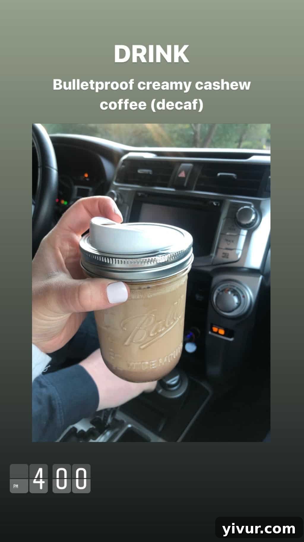 December 2019 Clean Keto and Whole30 Food Diary 90 A white mug with a straw, containing creamy cashew coffee, a refreshing and dairy-free keto beverage.