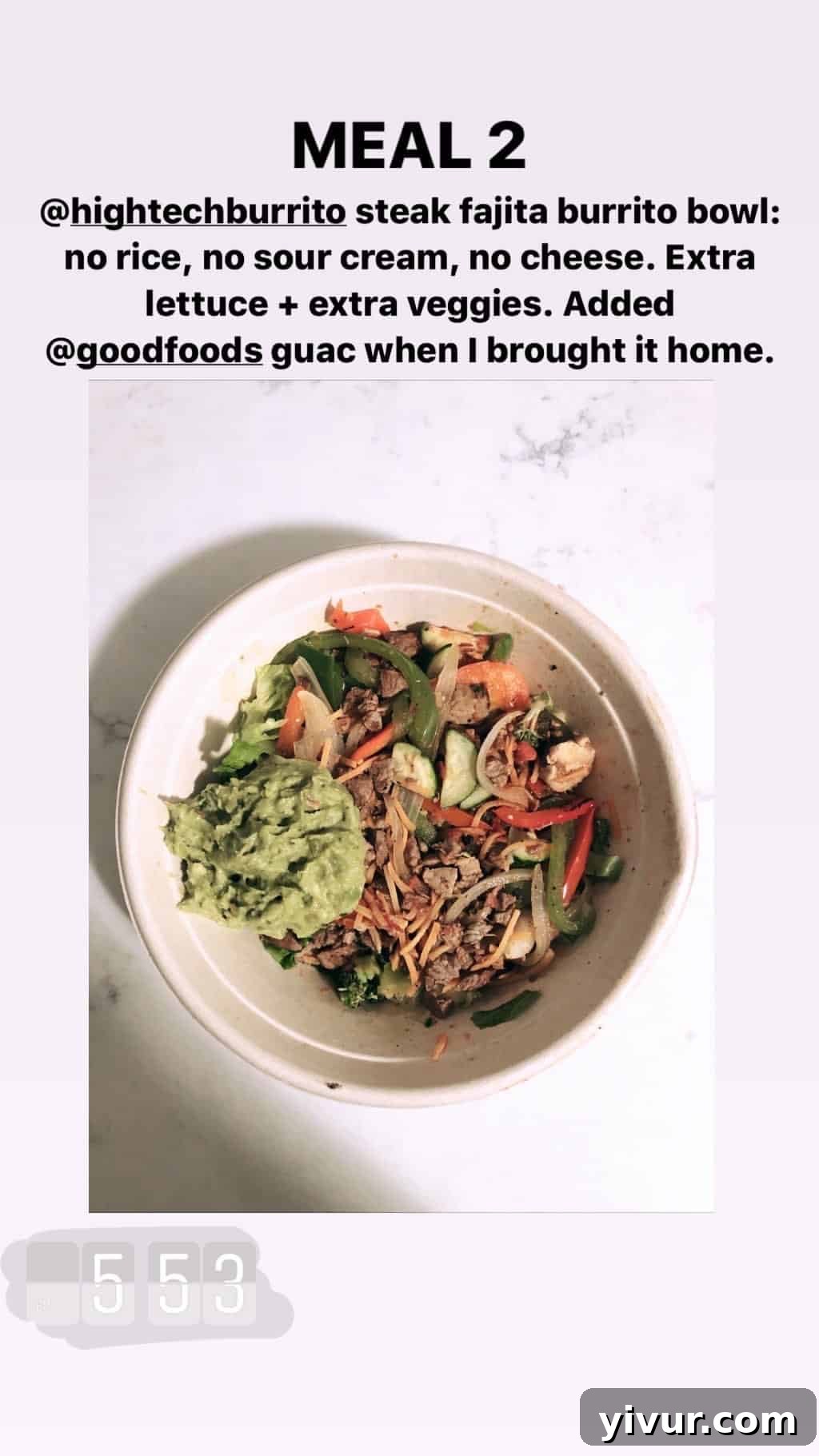 December 2019 Clean Keto and Whole30 Food Diary 91 A compliant and satisfying restaurant meal: a High Tech Burrito steak fajita bowl with extra lettuce and veggies, and a generous side of Good Foods guacamole.