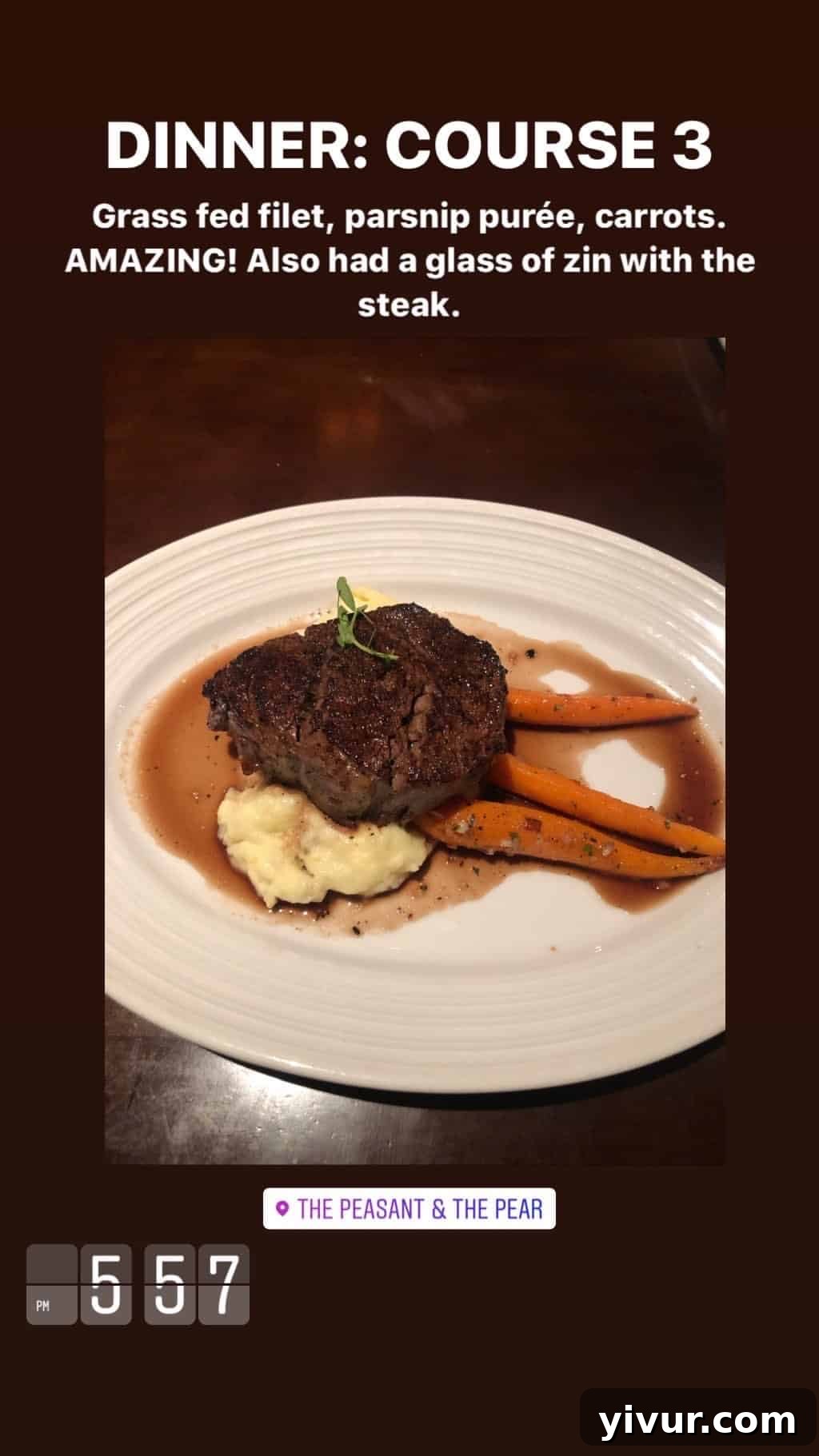 December 2019 Clean Keto and Whole30 Food Diary 95 An elegant and compliant dinner featuring a grass-fed filet, smooth parsnip puree, sweet roasted carrots, and a glass of robust Zinfandel.