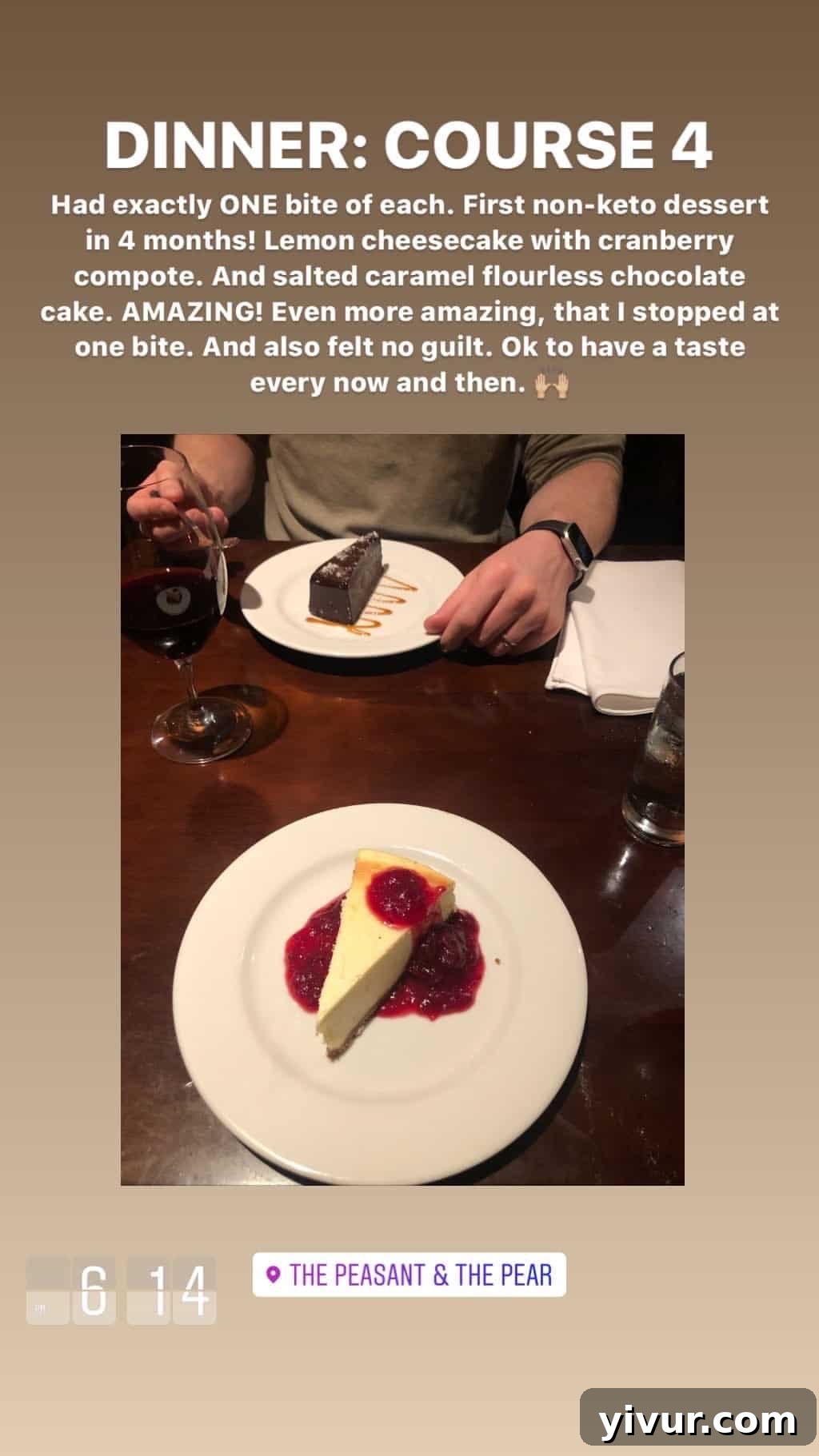 December 2019 Clean Keto and Whole30 Food Diary 96 Two small, indulgent treats: one bite of lemon cheesecake with cranberry compote, and one bite of salted caramel flourless chocolate cake.