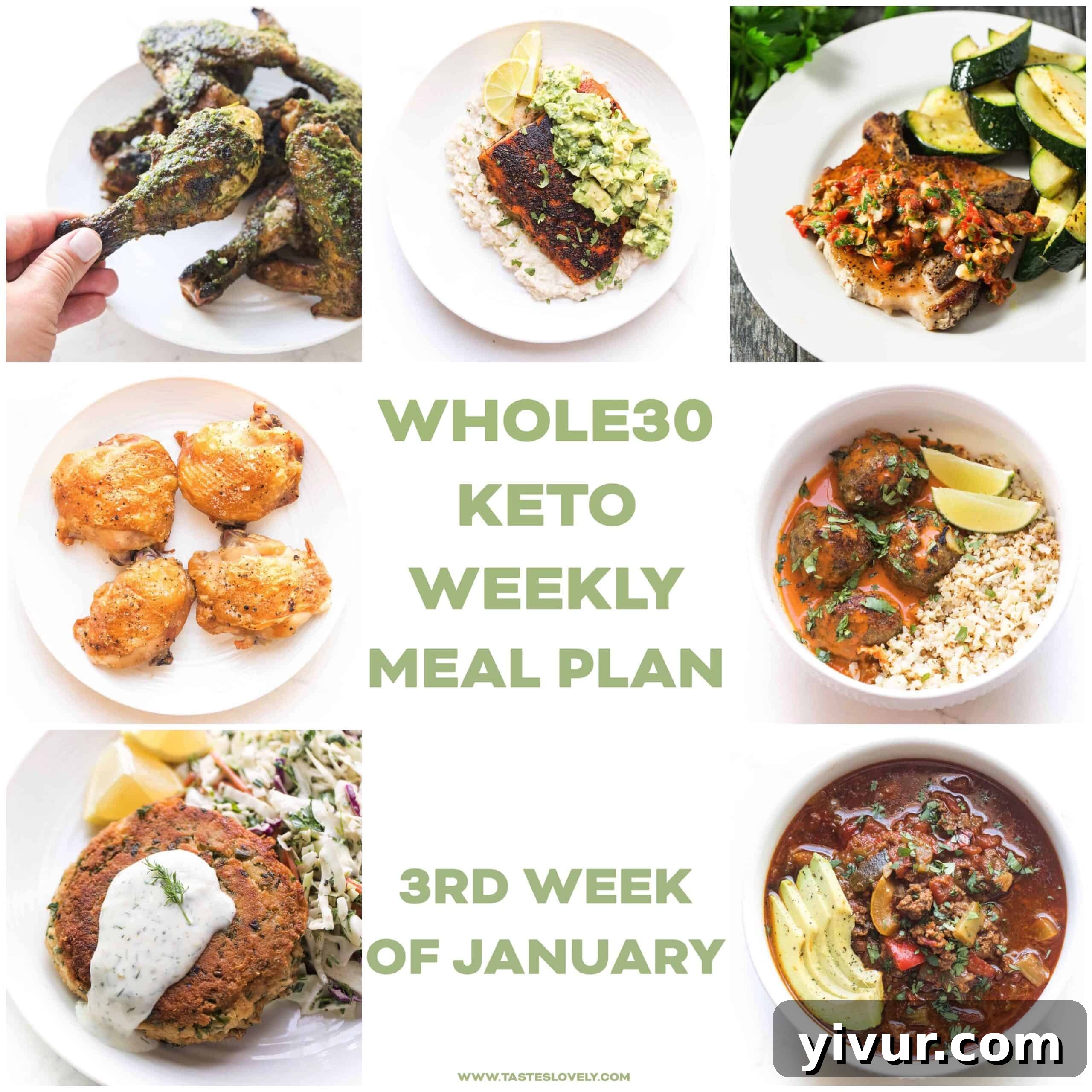 Whole30 Keto Fuel: Your Weekly Plan for January Week 3 2 A vibrant collage showcasing various Whole30 and Keto-friendly dishes for a weekly meal plan, highlighting fresh ingredients and healthy meals.