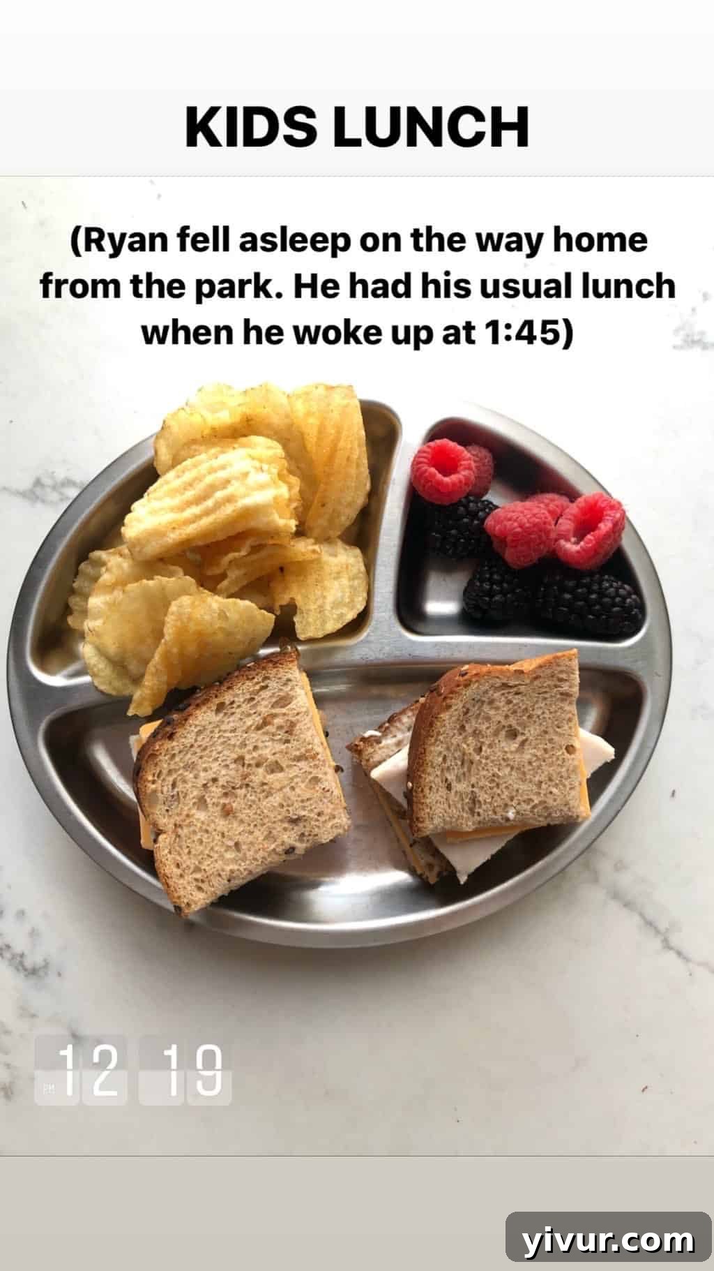 Fruit and veggie snack for kids: carrot sticks, snap peas, and blueberries