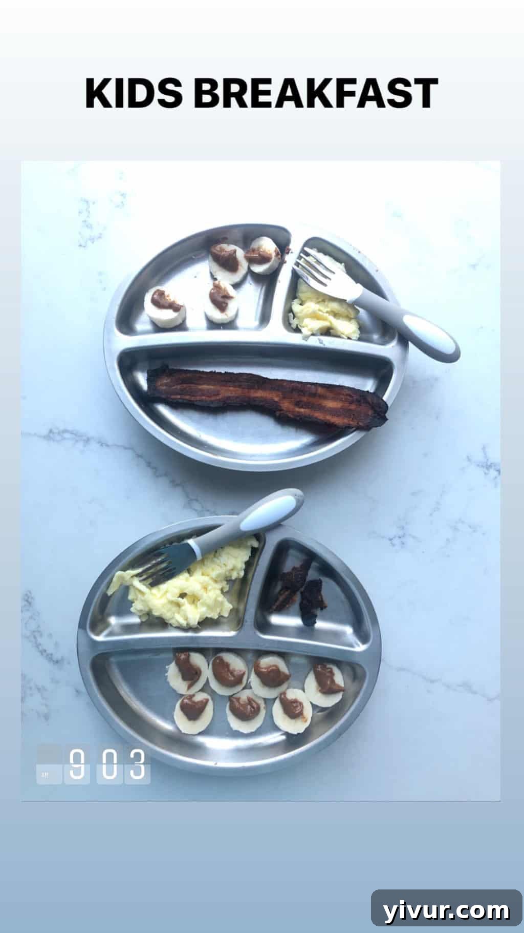 Healthy toddler breakfast: scrambled eggs, avocado slices, and banana pieces