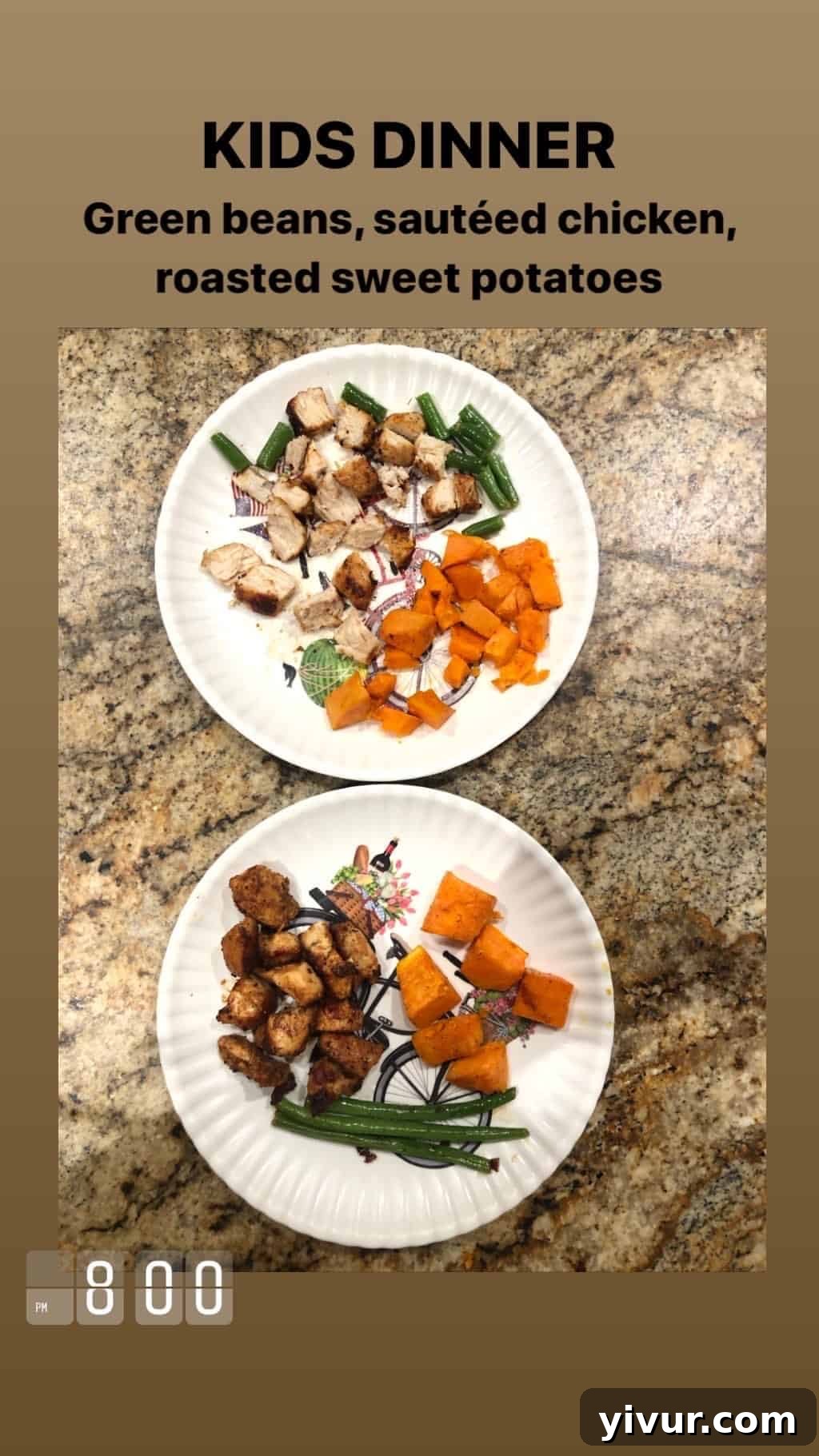 Toddler's balanced plate: small chicken pieces, green beans, and mashed potatoes