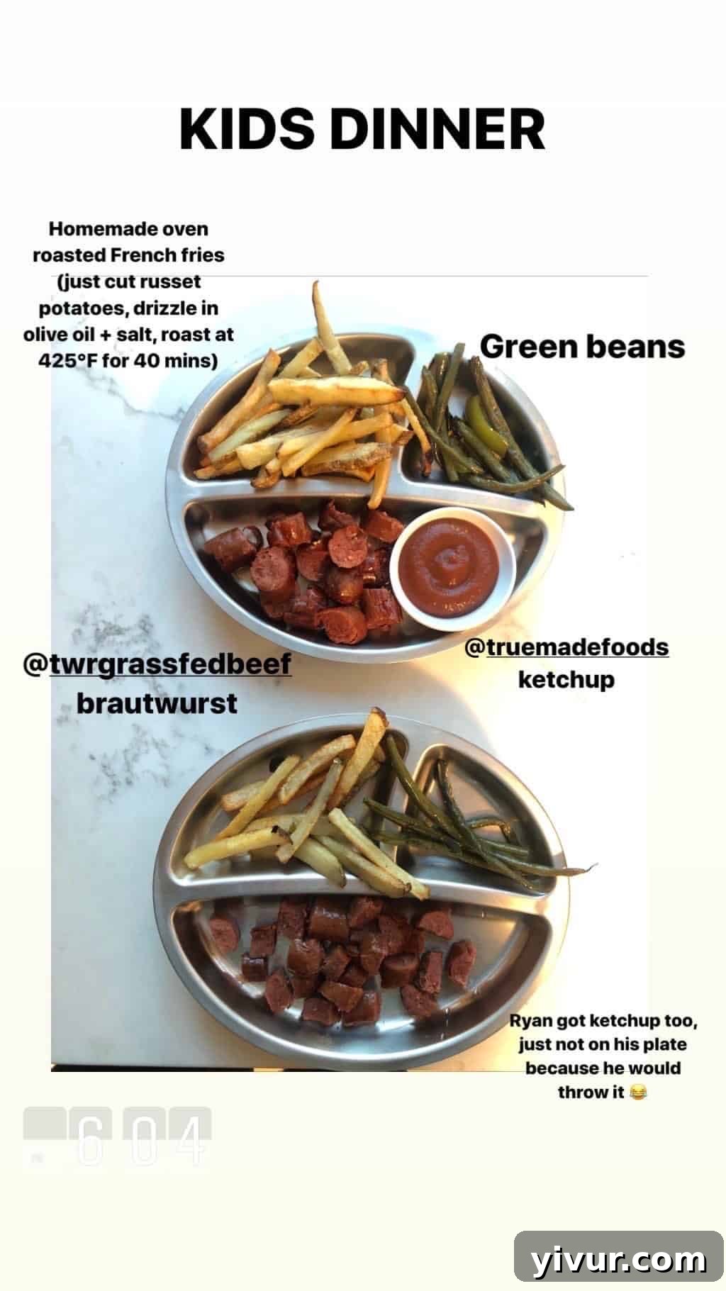 Balanced dinner: fish sticks (baked, not fried), steamed corn, and sweet potato fries