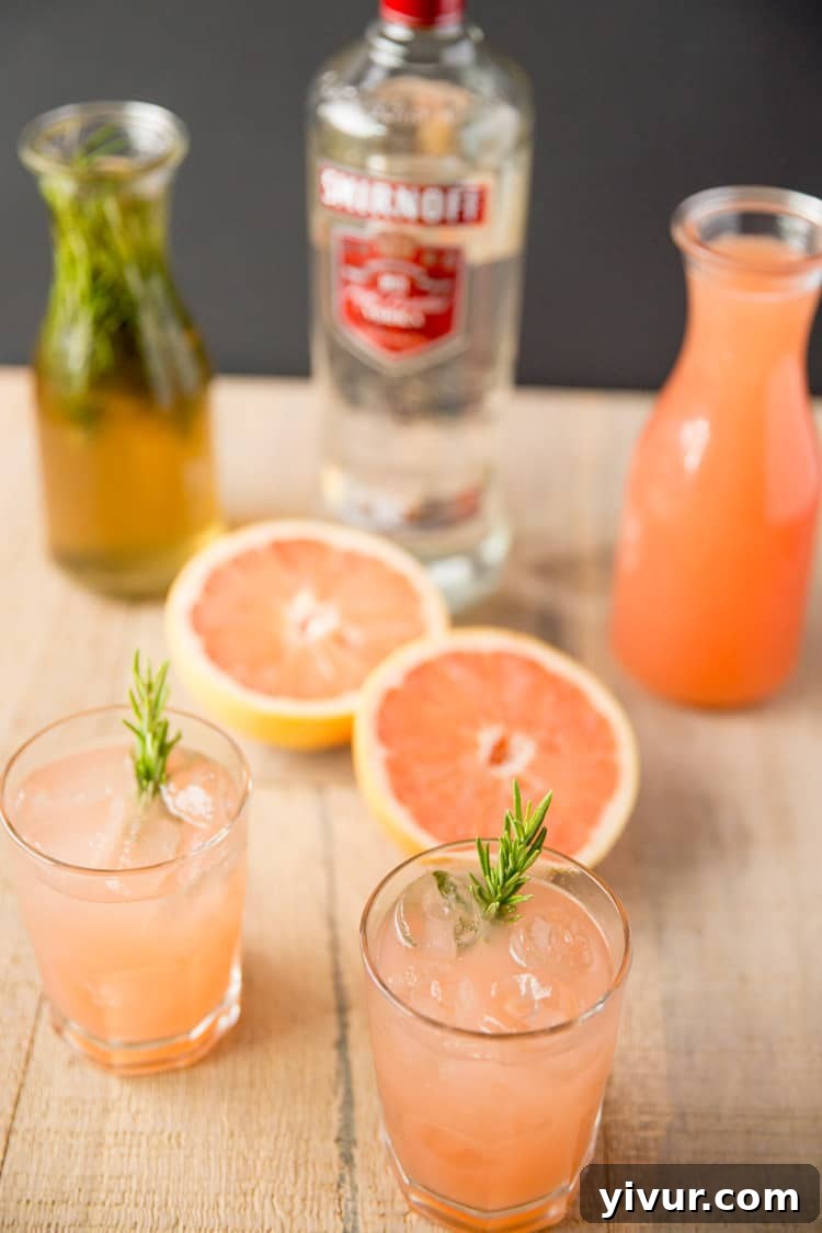 A collection of ingredients laid out on a surface, including fresh rosemary sprigs, whole grapefruits, a bottle of vodka, and sugar, all ready for making a grapefruit cocktail.