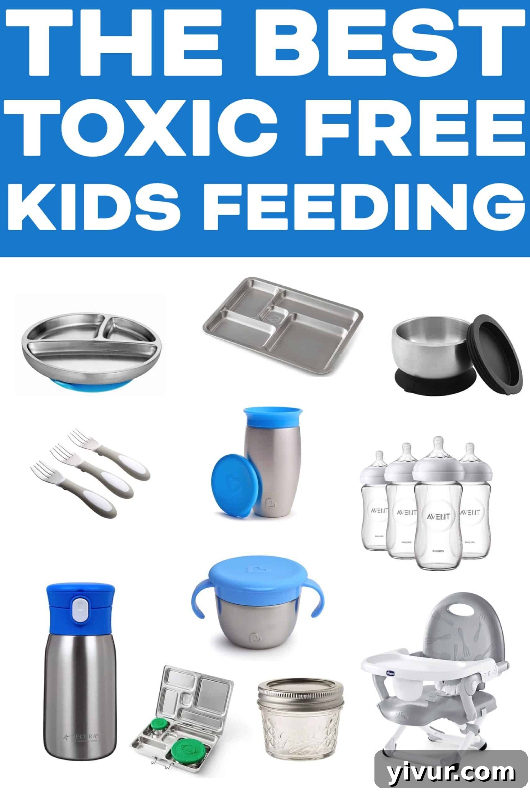 A curated collection of minimalist, non-toxic feeding supplies for children, including plates, bowls, and cutlery