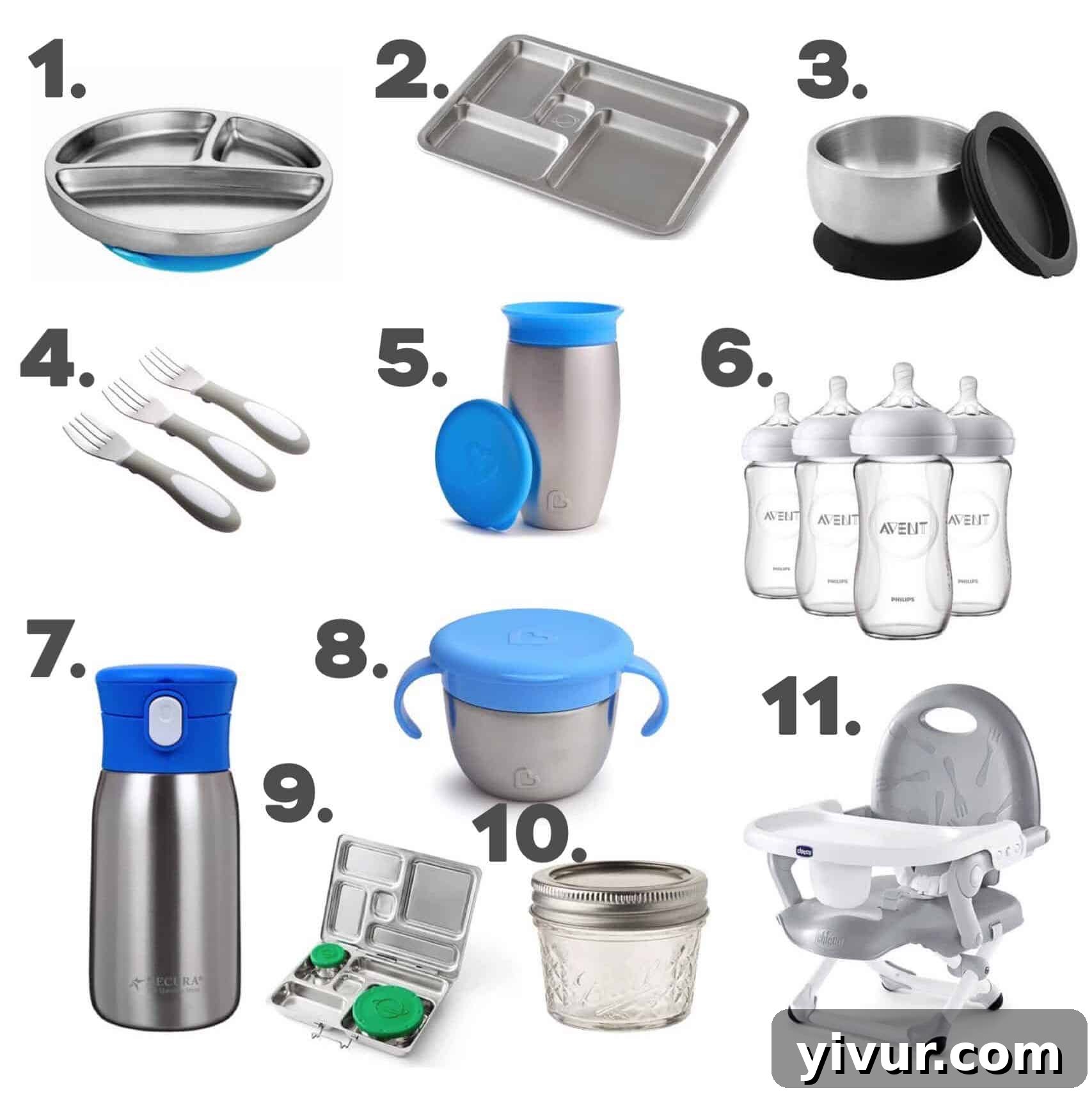 Close-up of a variety of non-toxic, stainless steel, and glass feeding products for children, including plates, bowls, cups, and utensils