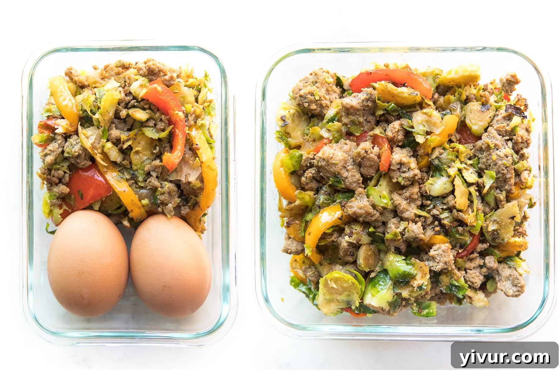 Several portioned meal prep containers displaying healthy Whole30 + Keto Brussels hash, ready for weekly meals