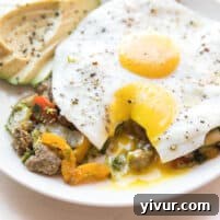 Close-up of freshly made Whole30 + Keto Sausage and Brussels Hash