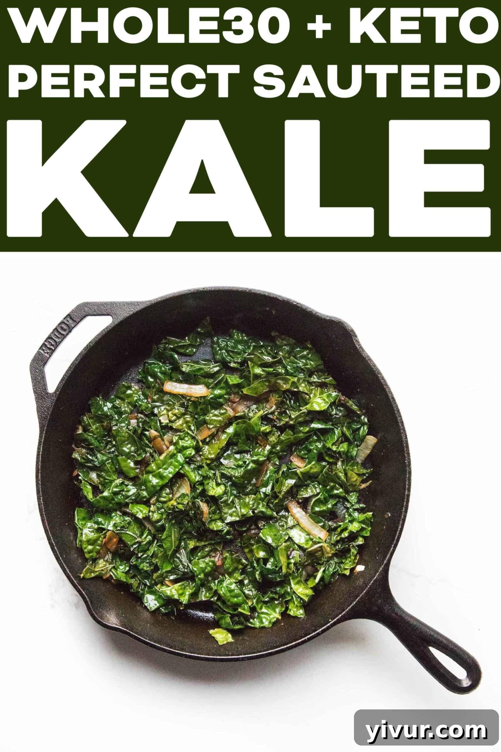 A large pile of freshly sautéed kale with onions and garlic, captured from above