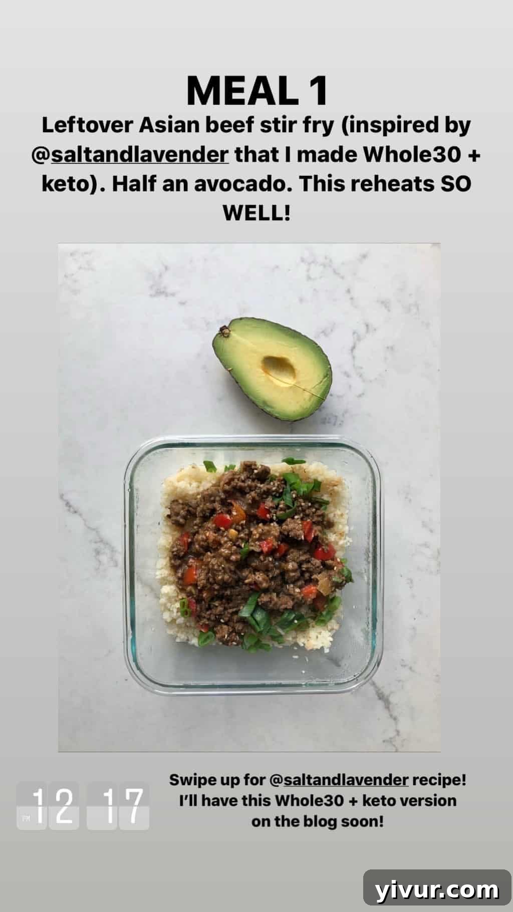 My Clean Keto Whole30 January 2020 Food Diary 13 Asian beef stir-fry with avocado and cauliflower rice