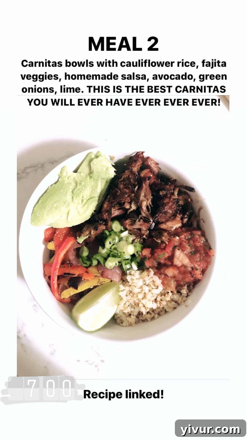 My Clean Keto Whole30 January 2020 Food Diary 17 Flavorful carnitas bowl with cauliflower rice, fajita veggies, salsa, avocado, green onions, and lime