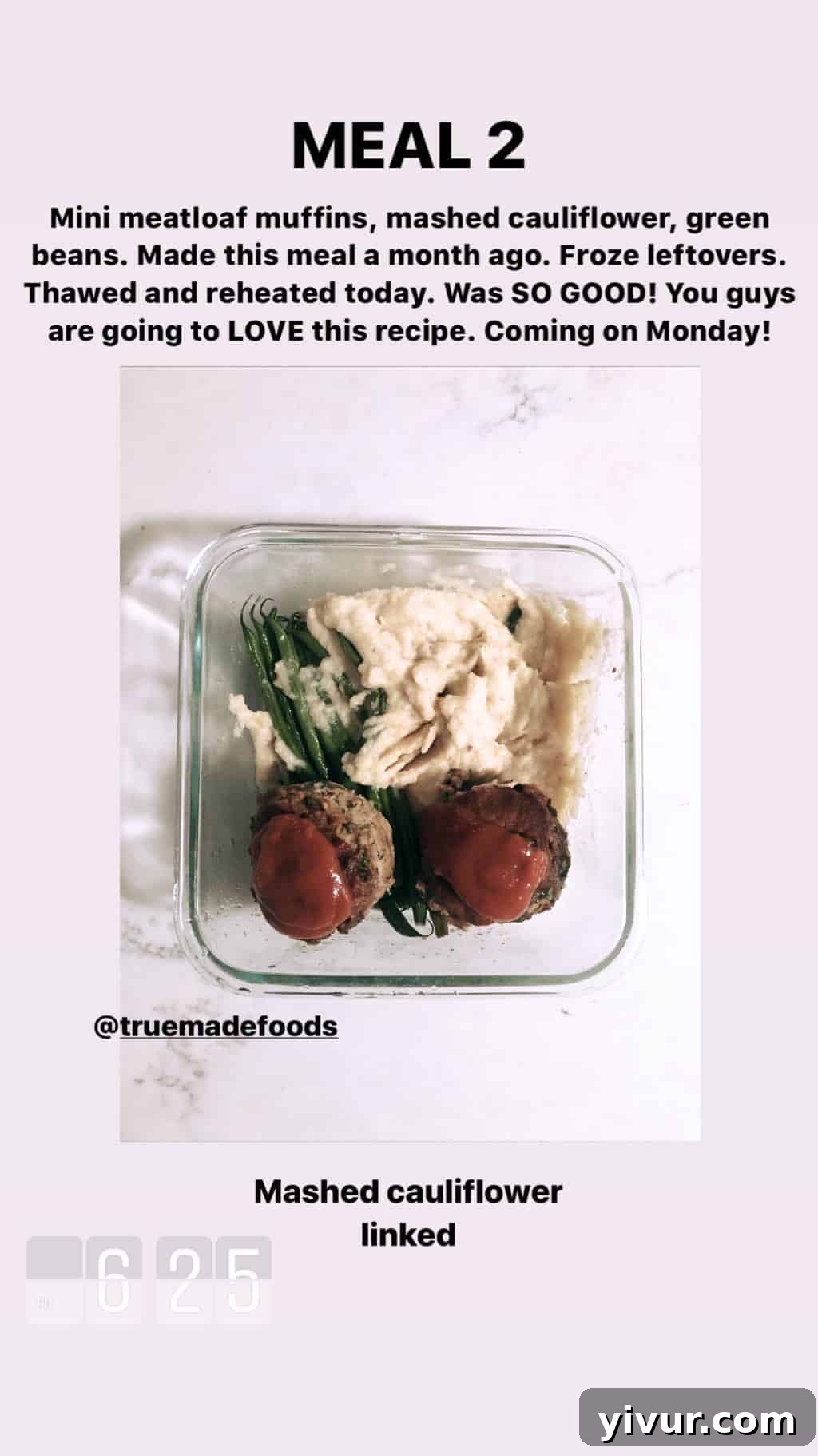 My Clean Keto Whole30 January 2020 Food Diary 19 Mini meatloaf muffins, mashed cauliflower, and green beans for a comforting meal