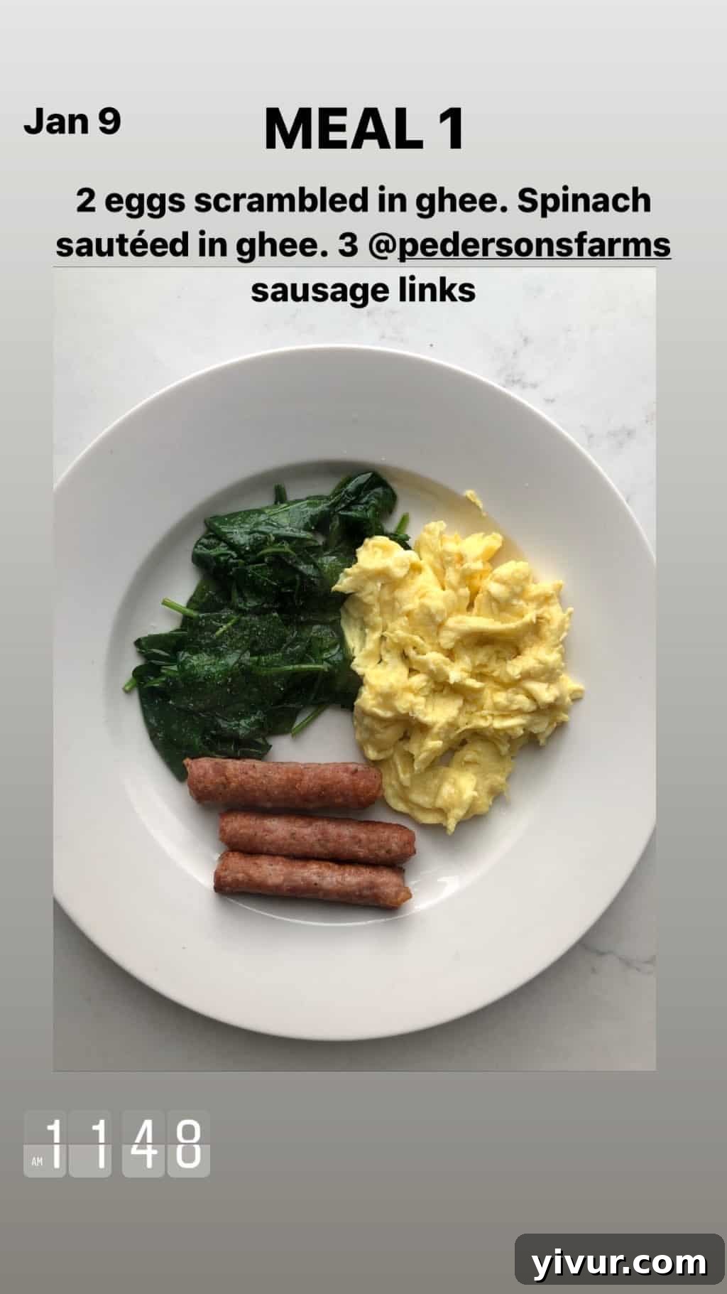 My Clean Keto Whole30 January 2020 Food Diary 25 Another wholesome breakfast of scrambled eggs in ghee, sautéed spinach, and Pederson's Farms sausages