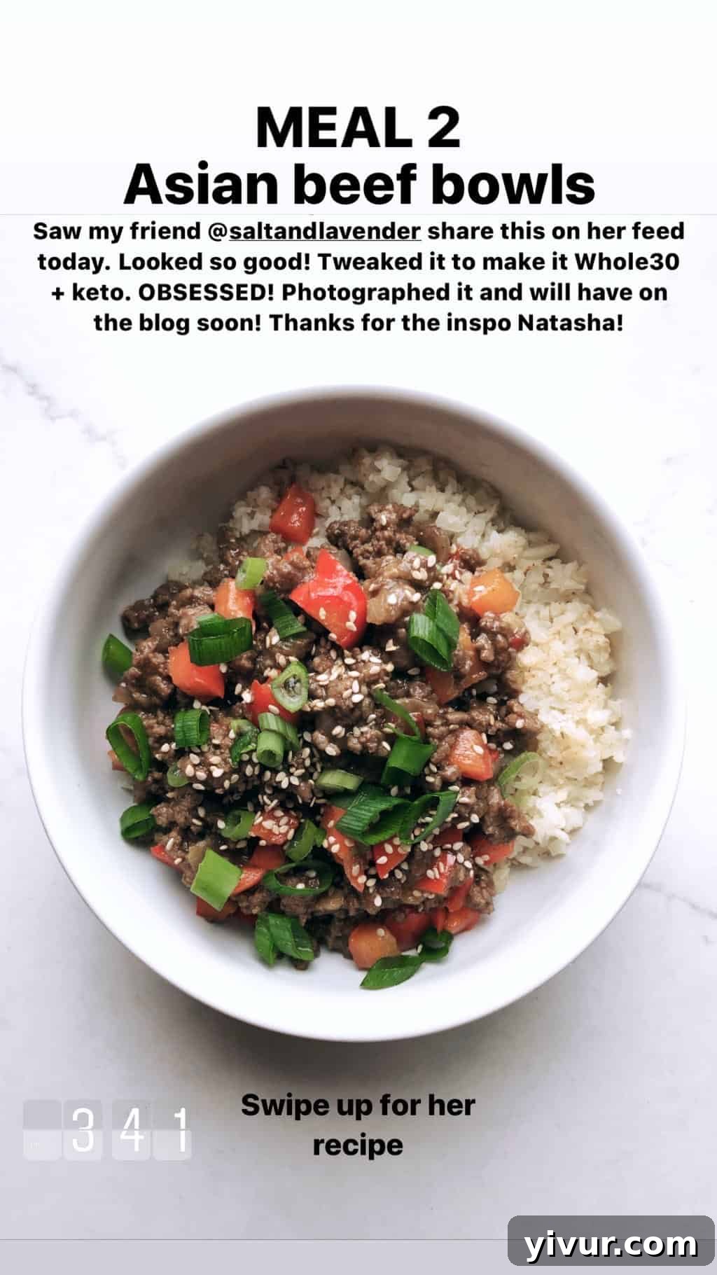 My Clean Keto Whole30 January 2020 Food Diary 3 Flavorful Asian beef bowl served over cauliflower rice for a low-carb meal